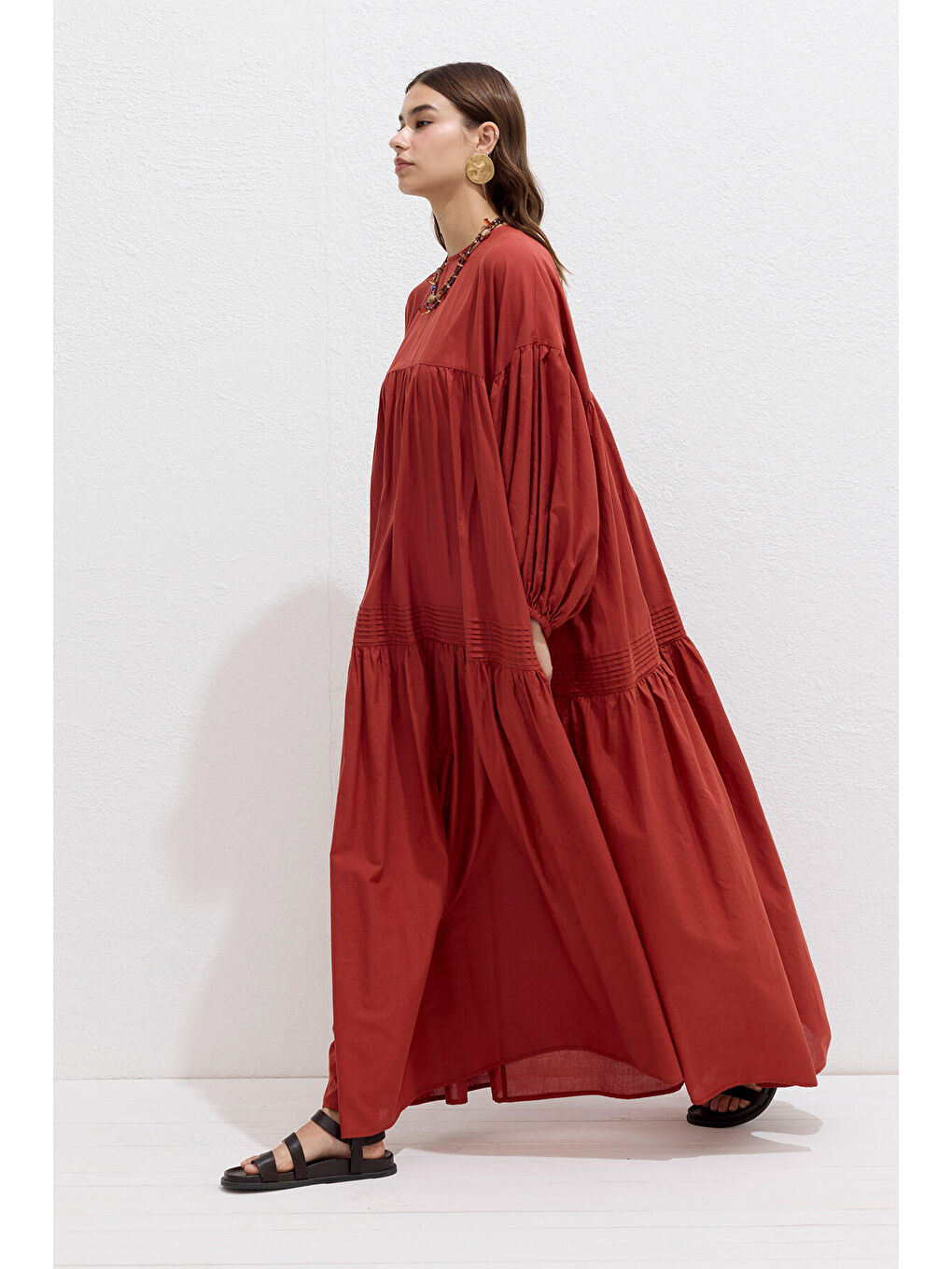 Büzgülü Oversize Vual Elbise Turuncu-3