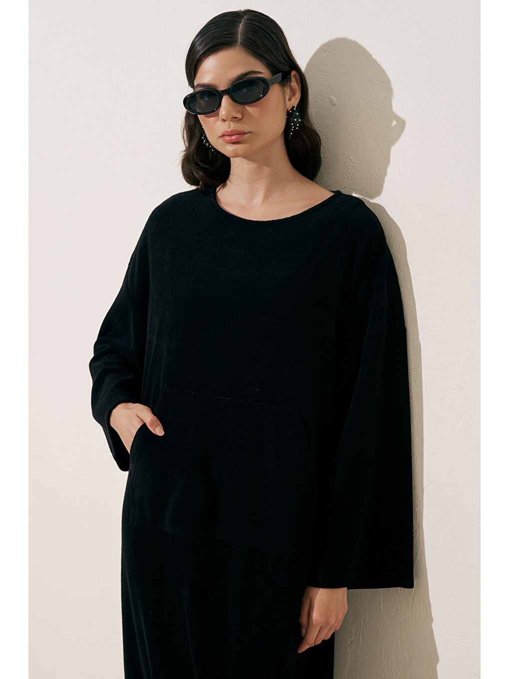 Havlu Kumaş Rahat Elbise Siyah-2