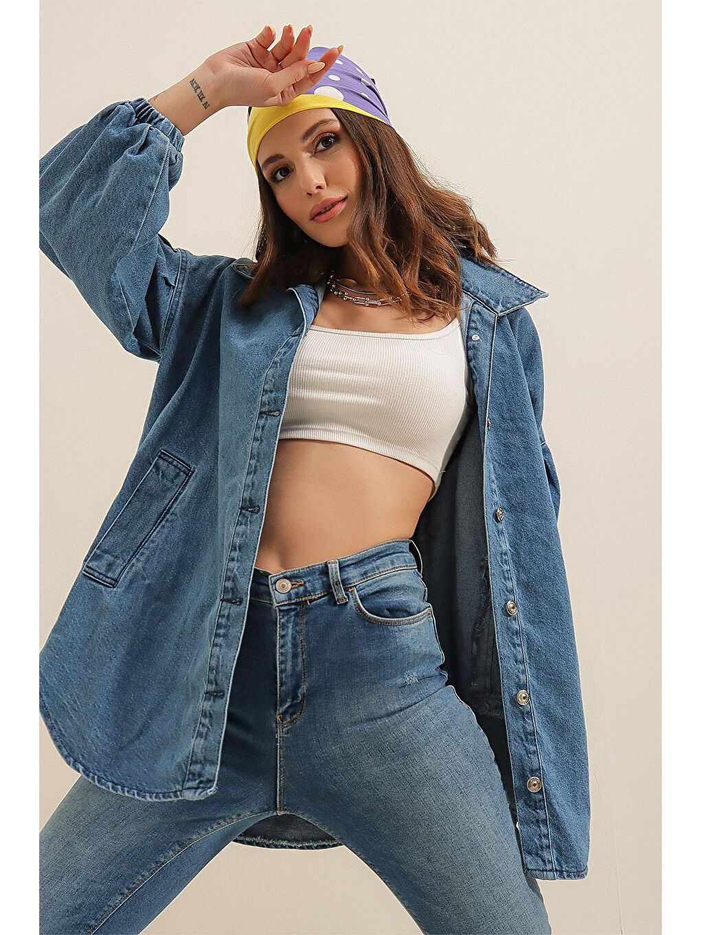 0662 Denim Balon Kollu Kot Ceket - Mavi-2