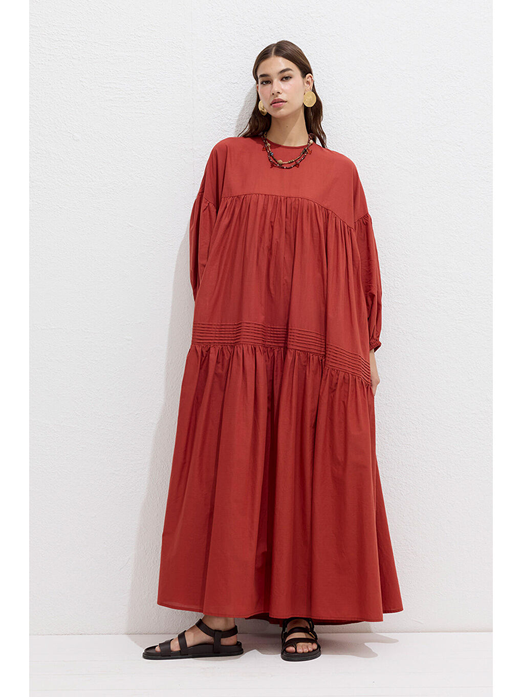 Büzgülü Oversize Vual Elbise Turuncu-4