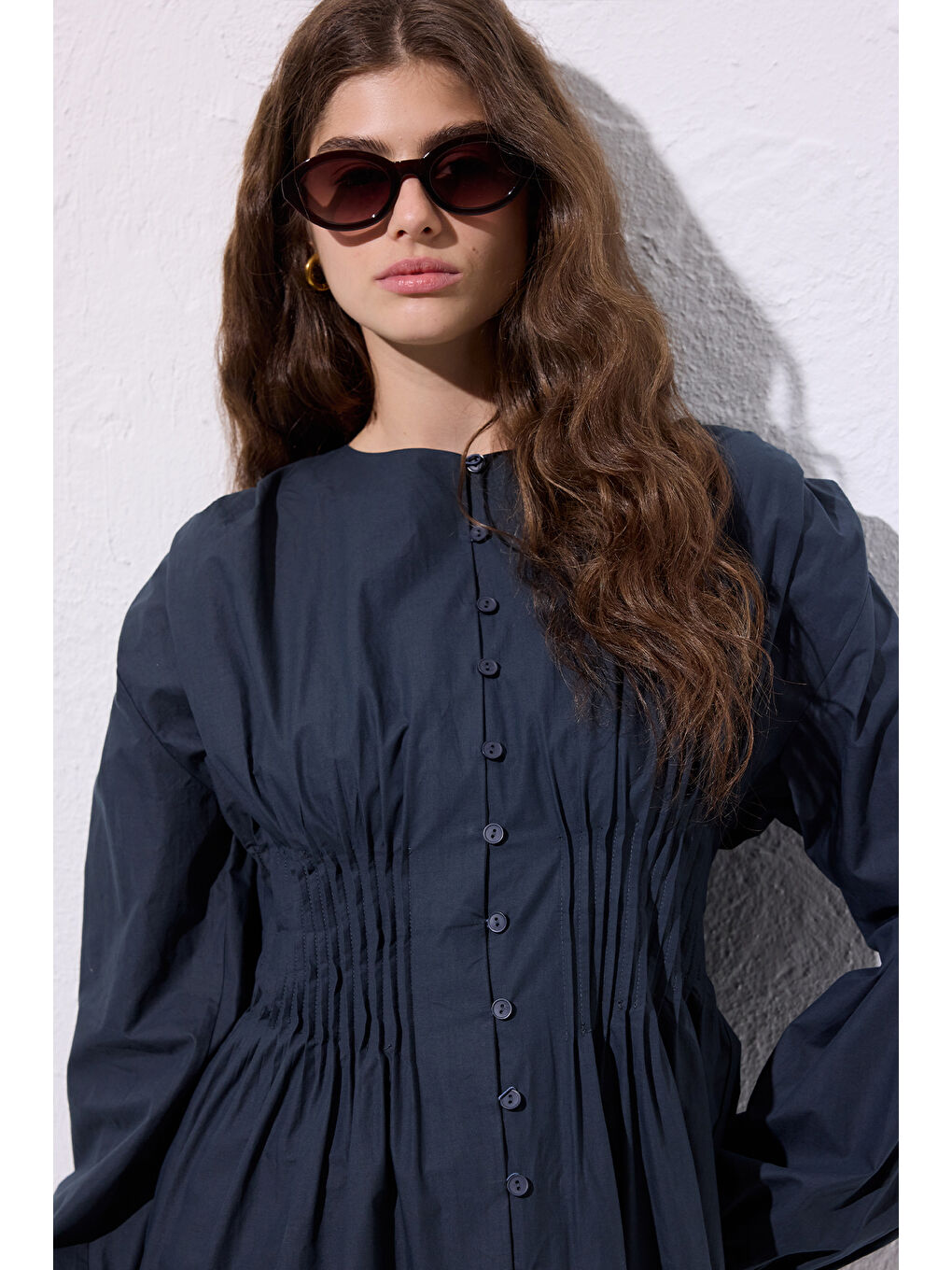 Beli Pile Detaylı Uzun Kol Bluz Lacivert-5