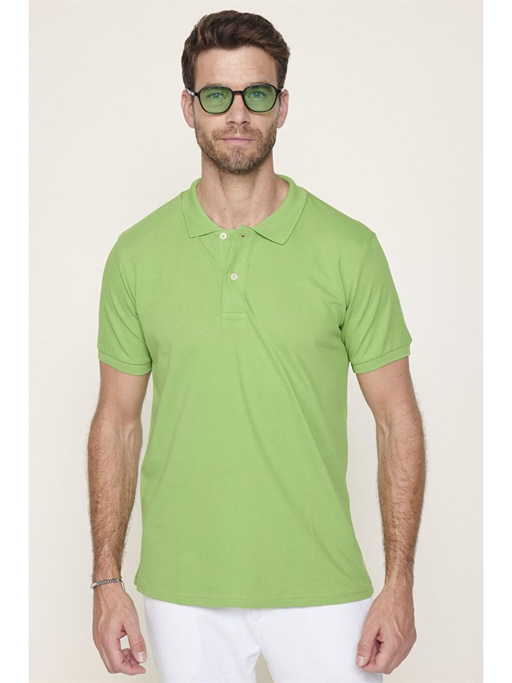 Erkek Slim Fit Dar Kesim %100 Pamuk Düz Pike Yeşil Polo Yaka Tişört