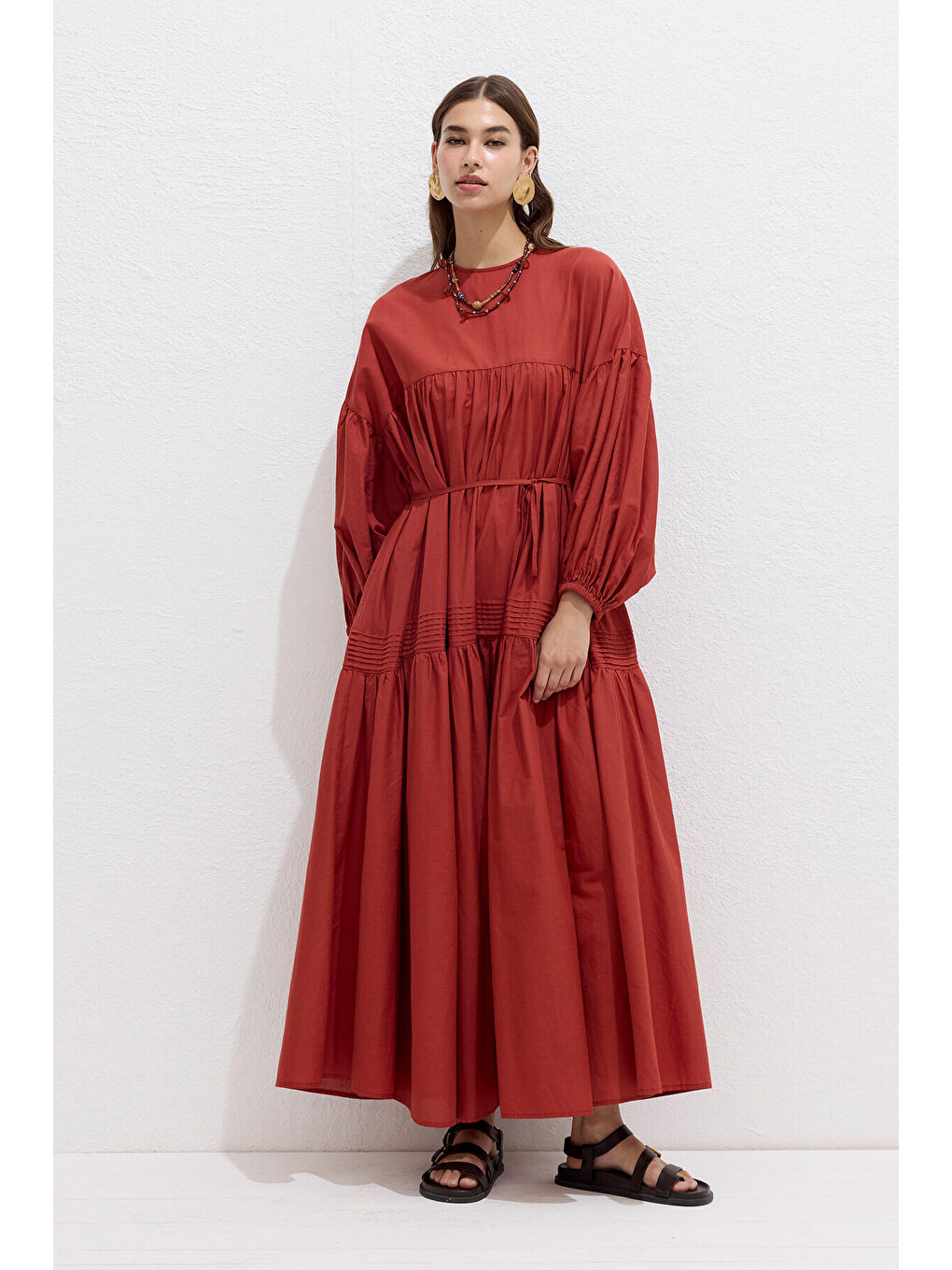 Büzgülü Oversize Vual Elbise Turuncu-5