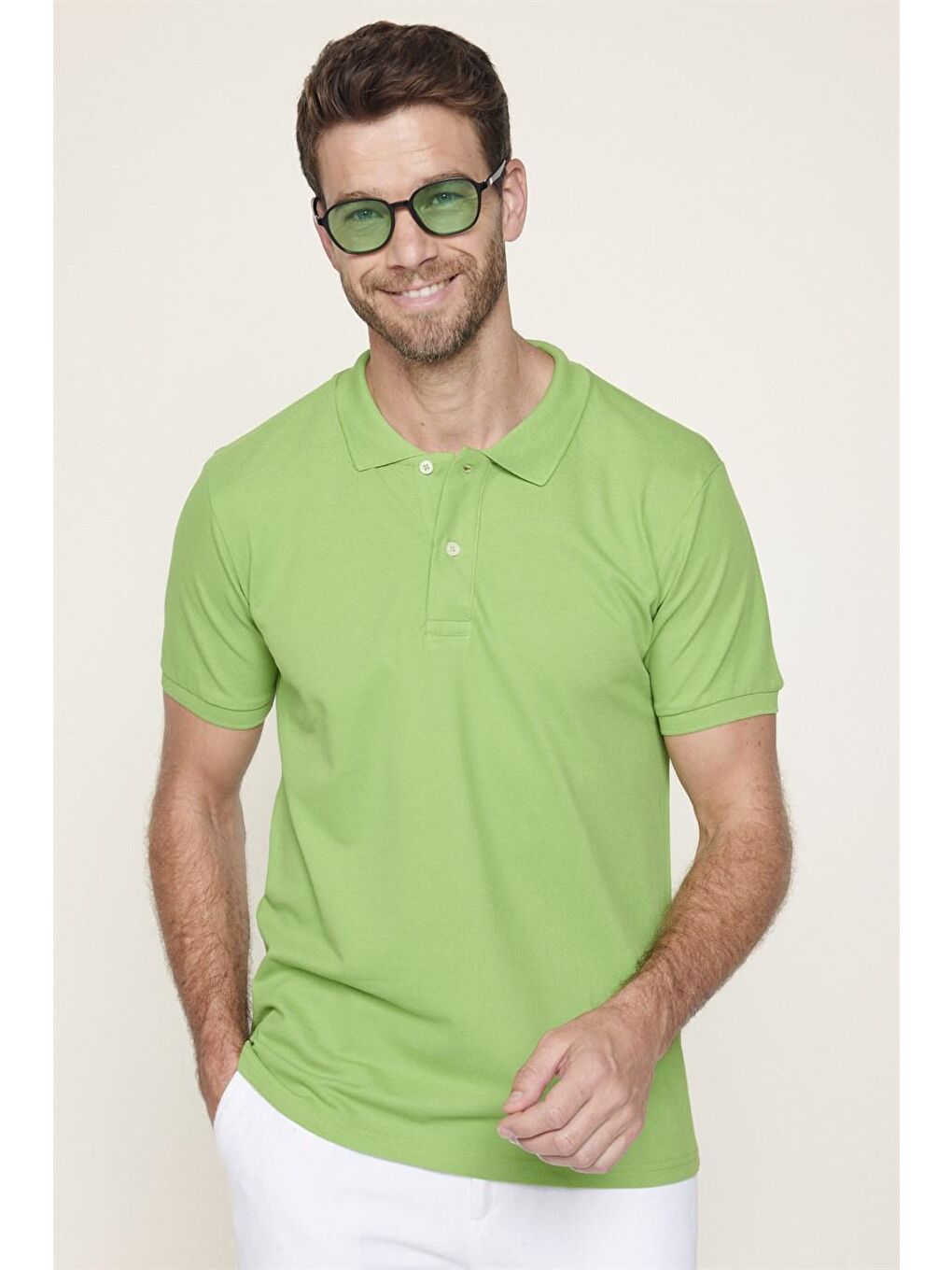 Erkek Slim Fit Dar Kesim %100 Pamuk Düz Pike Yeşil Polo Yaka Tişört-1