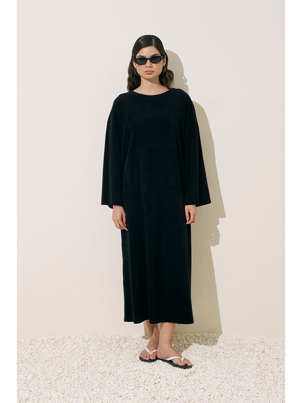 Havlu Kumaş Rahat Elbise Siyah-3