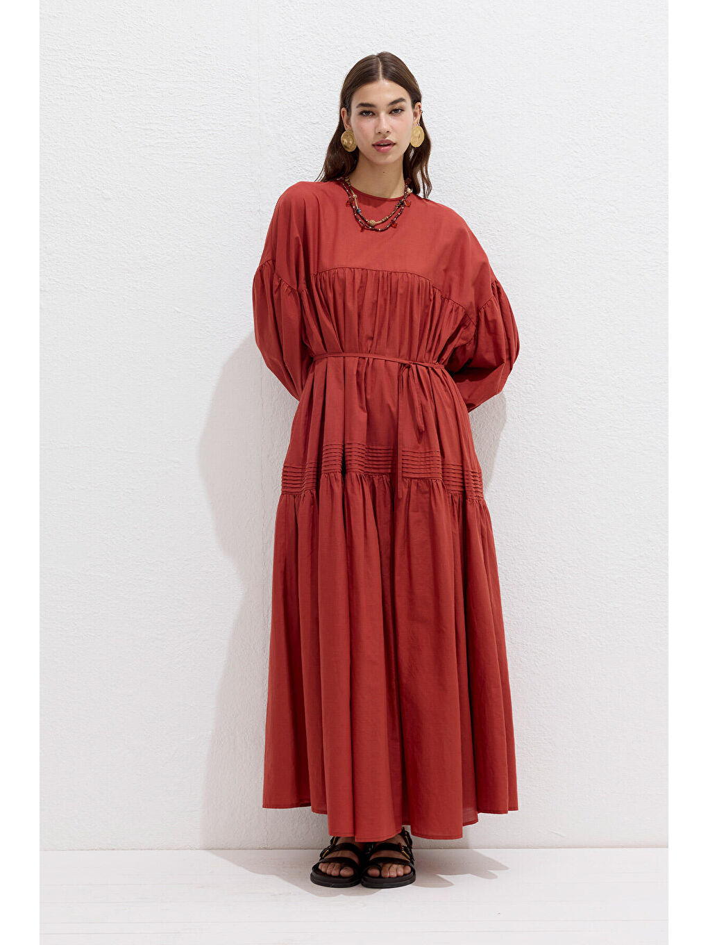 Büzgülü Oversize Vual Elbise Turuncu-6