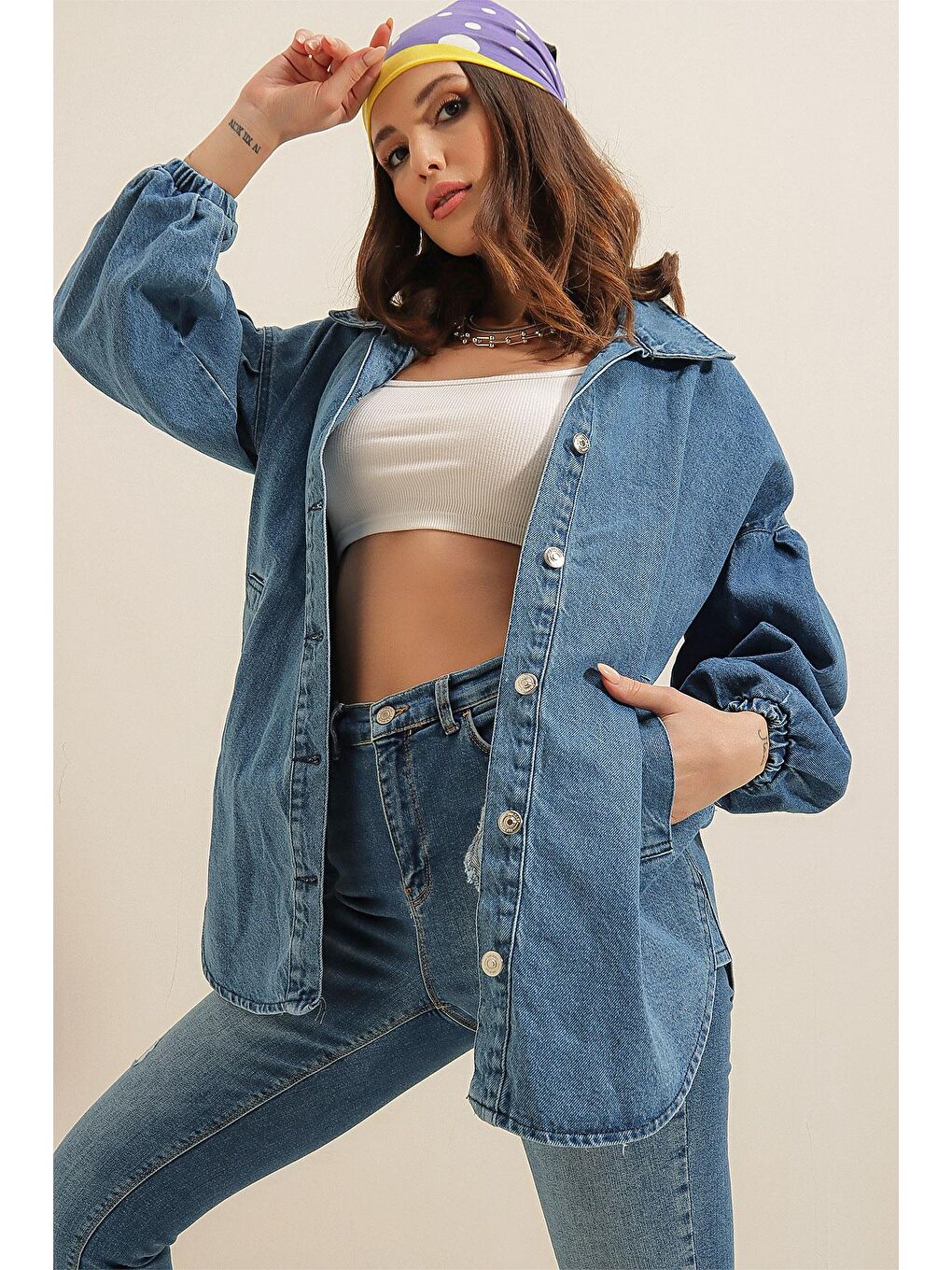 0662 Denim Balon Kollu Kot Ceket - Mavi-3