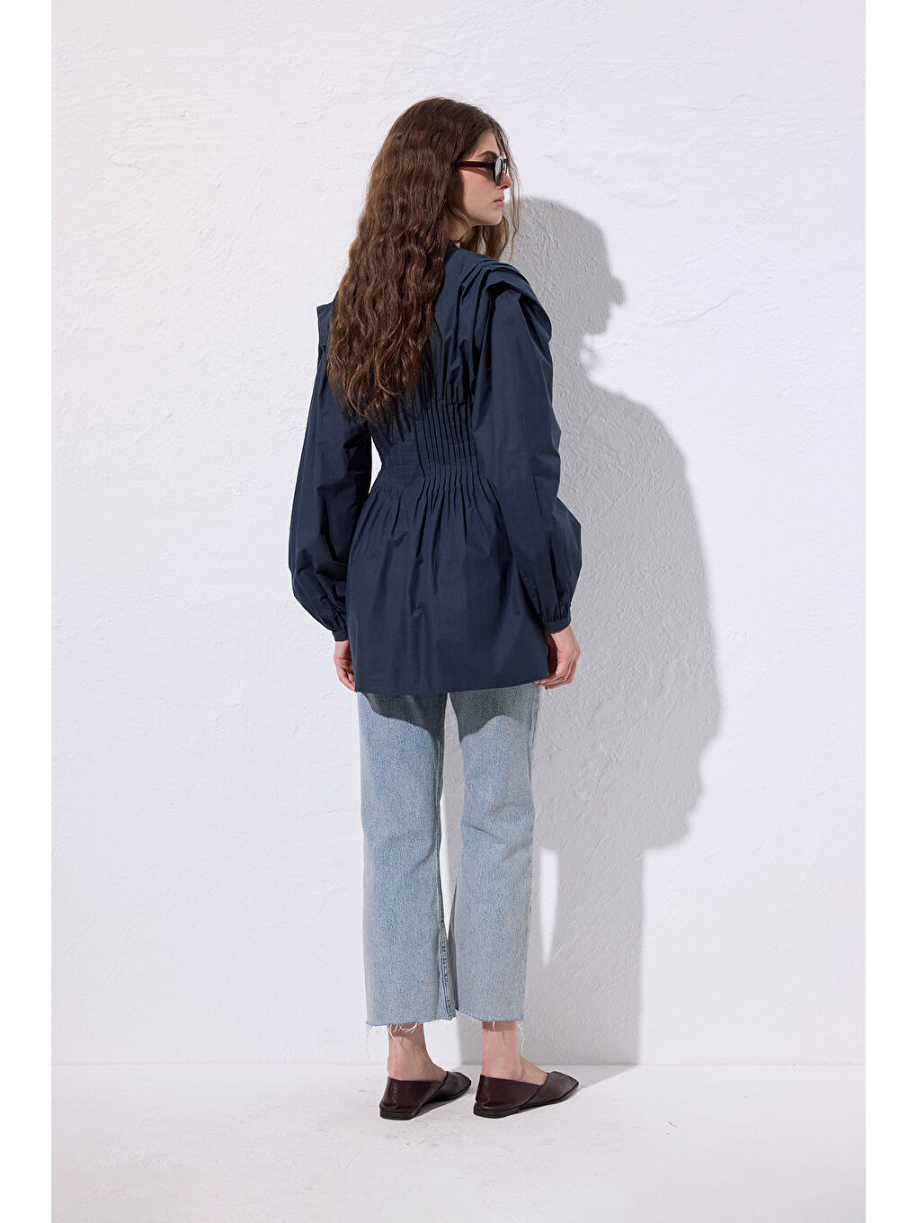 Beli Pile Detaylı Uzun Kol Bluz Lacivert-6