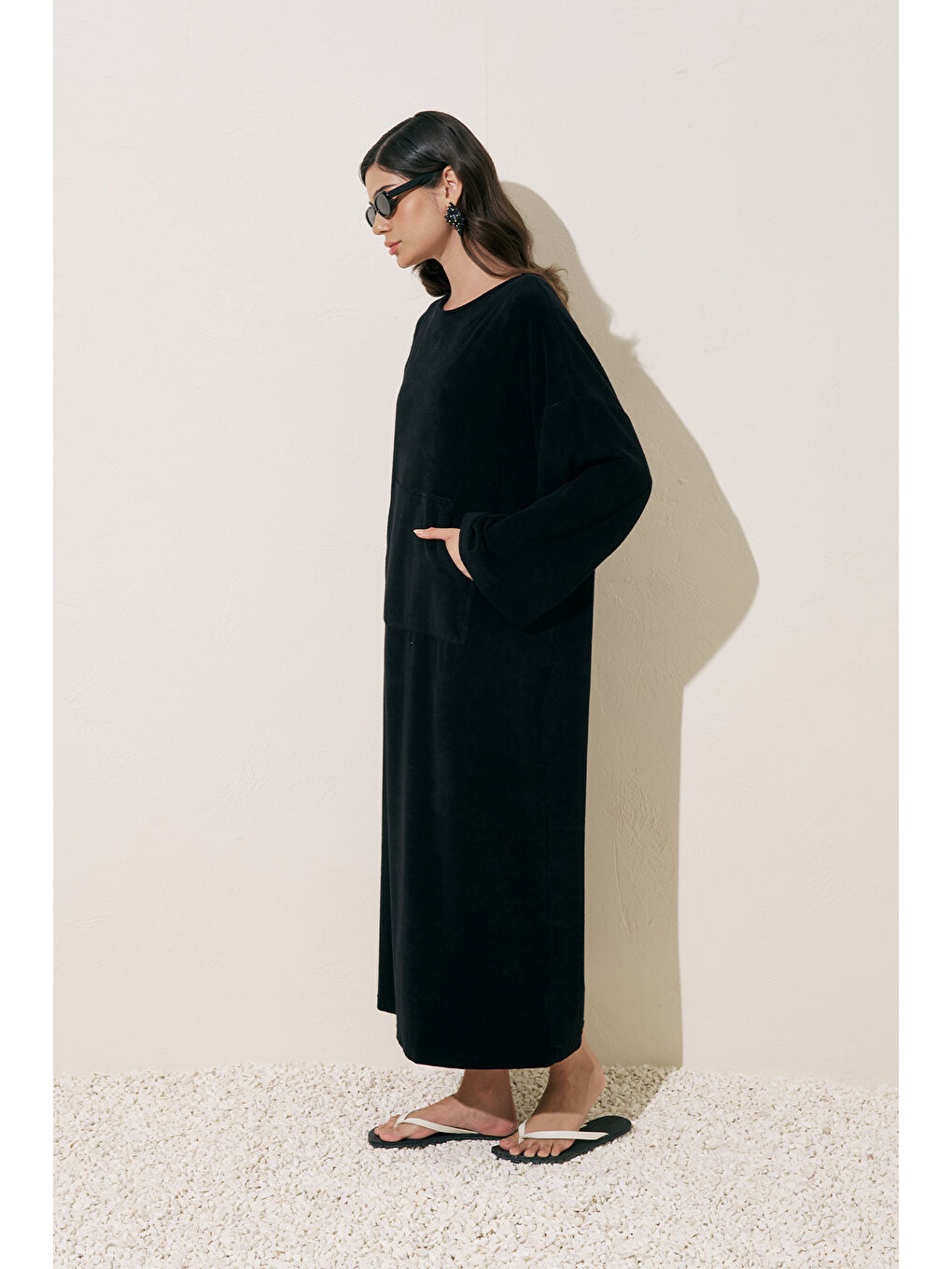 Havlu Kumaş Rahat Elbise Siyah-4