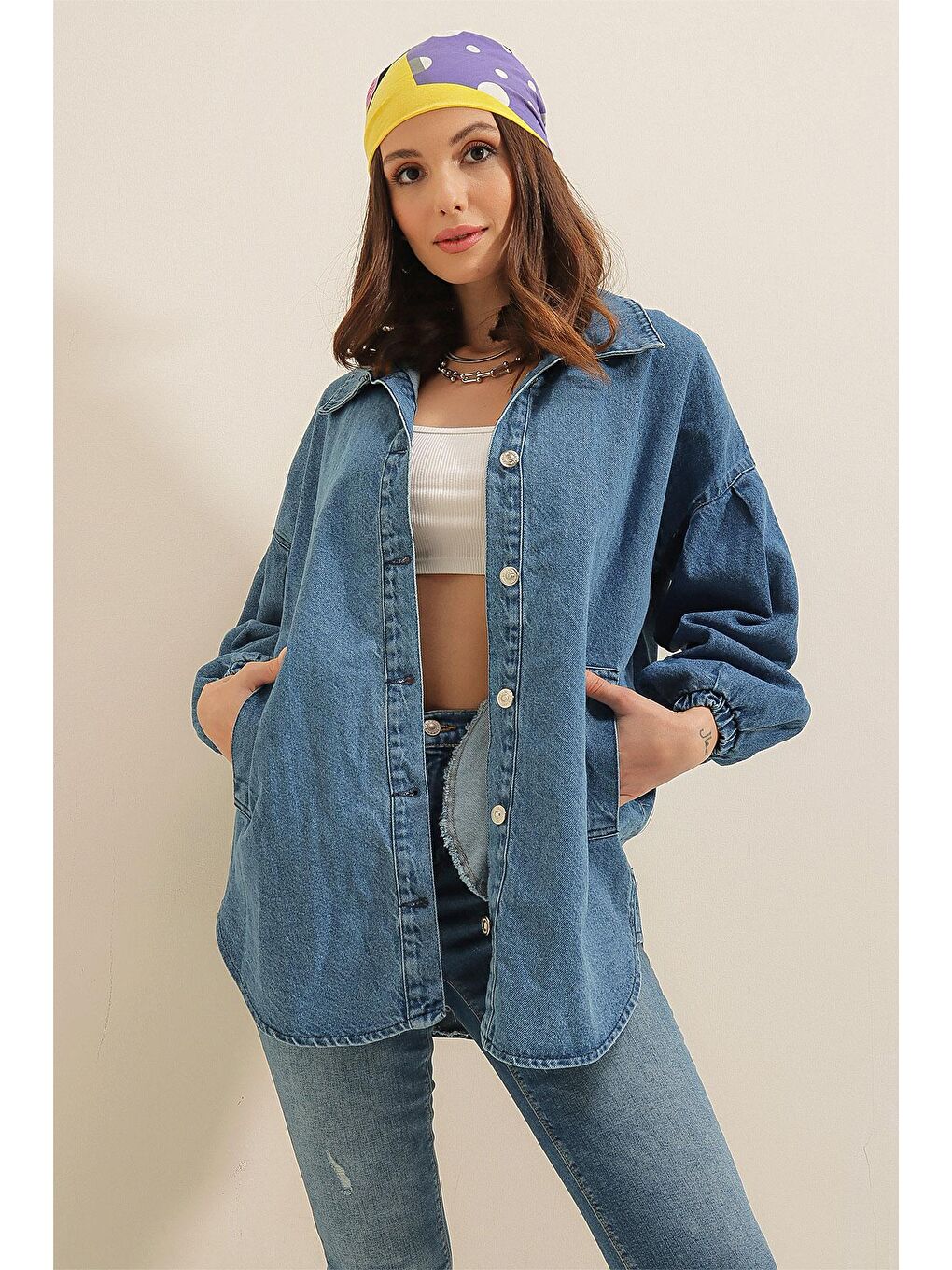 0662 Denim Balon Kollu Kot Ceket - Mavi-4