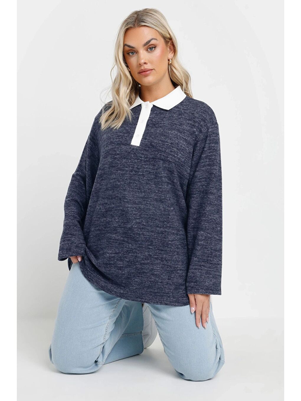 Lacivert Büyük Beden Gömlek Yaka Uzun Kollu Yumuşak Dokulu Kazak 285043