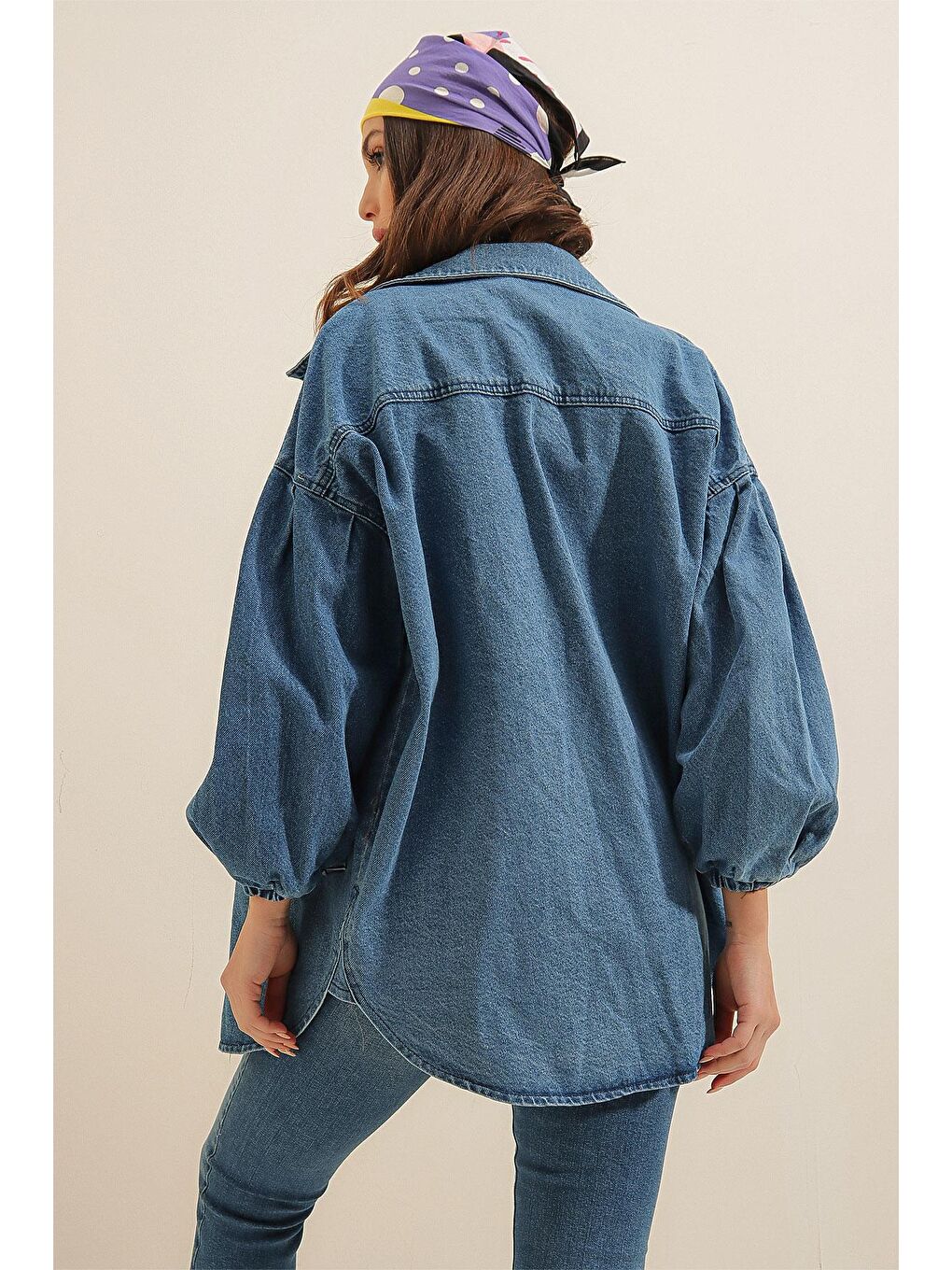 0662 Denim Balon Kollu Kot Ceket - Mavi-5