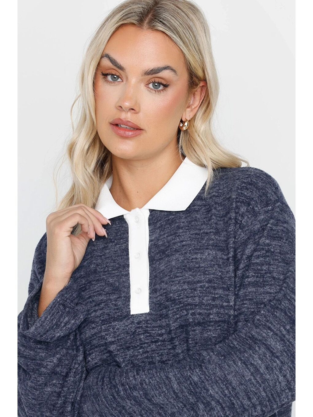 Lacivert Büyük Beden Gömlek Yaka Uzun Kollu Yumuşak Dokulu Kazak 285043-1