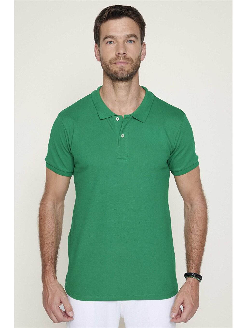 Erkek Polo Yaka Slim Fit Düz Pamuk Pike Yeşil Tişört-1