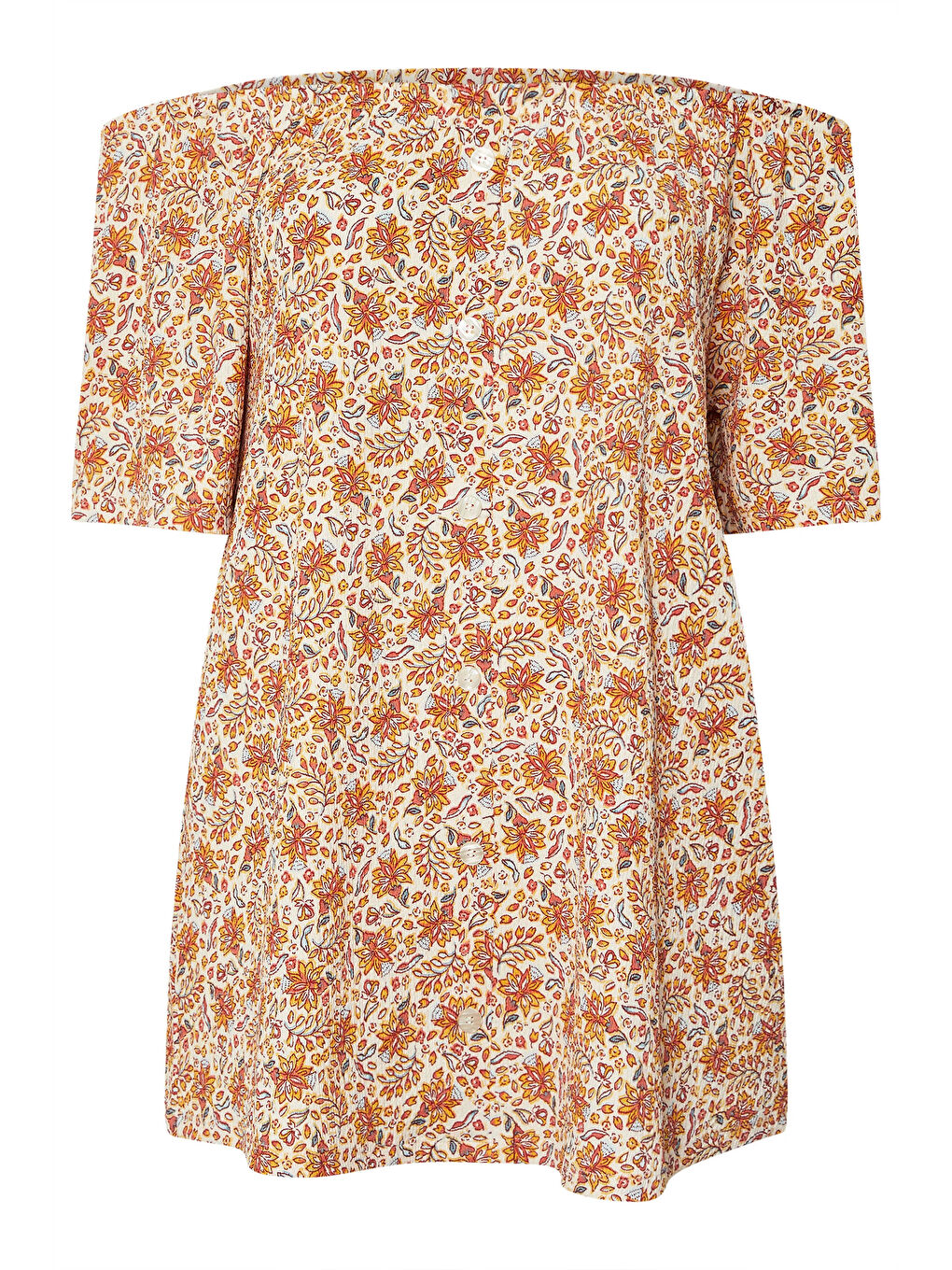 Turuncu Büyük Beden Düşük Omuzlu Kısa Kollu Düğme Detaylı Desenli Bluz 322680-6