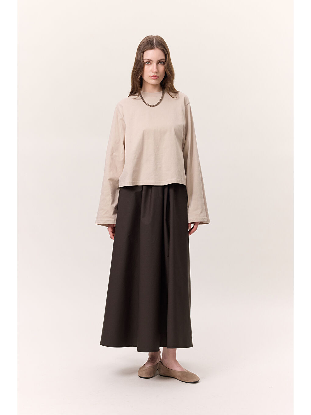 Bej Uzun Kollu Kısa Tshırt Taş-3