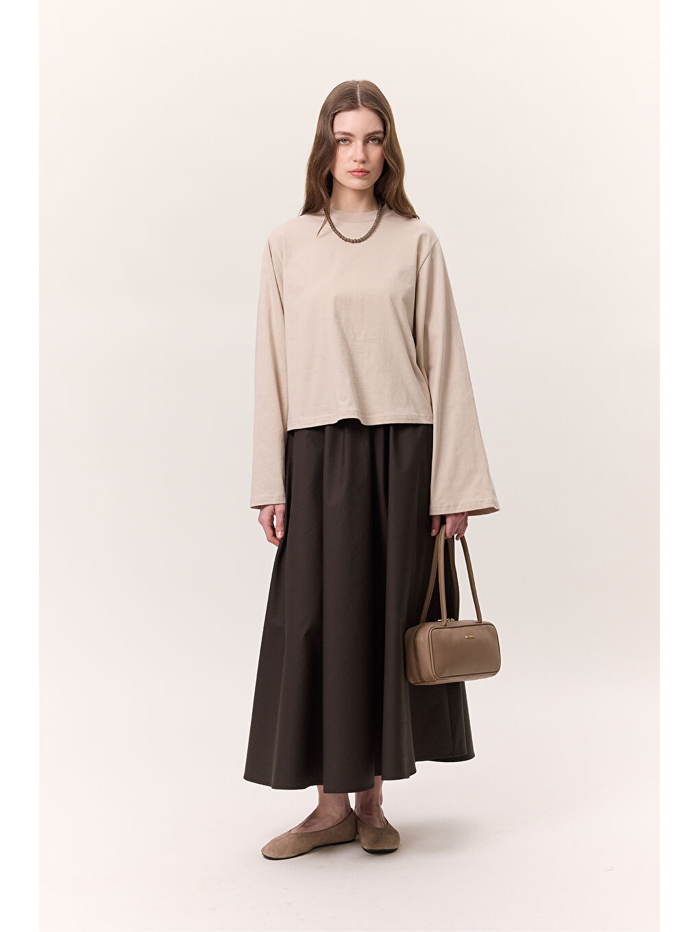 Bej Uzun Kollu Kısa Tshırt Taş-4