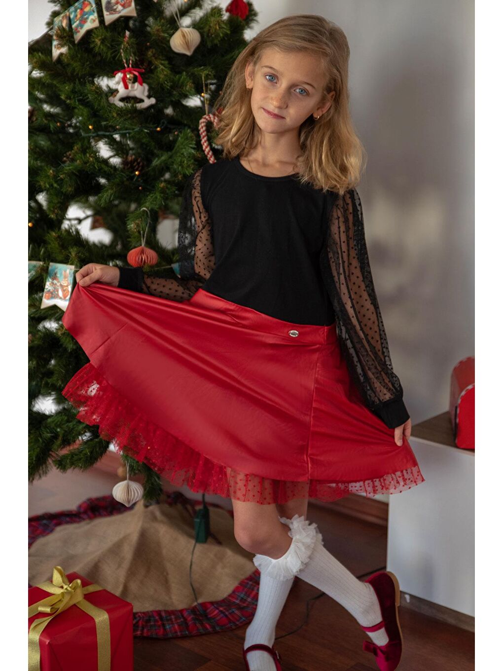 Kız Çocuk Uzun Kollu Elbise Etek Kısmı Deri Kolları Tül Detaylı Siyah (3-8 Yaş)-1