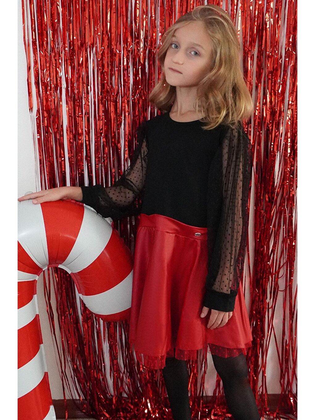 Kız Çocuk Uzun Kollu Elbise Etek Kısmı Deri Kolları Tül Detaylı Siyah (3-8 Yaş)-3