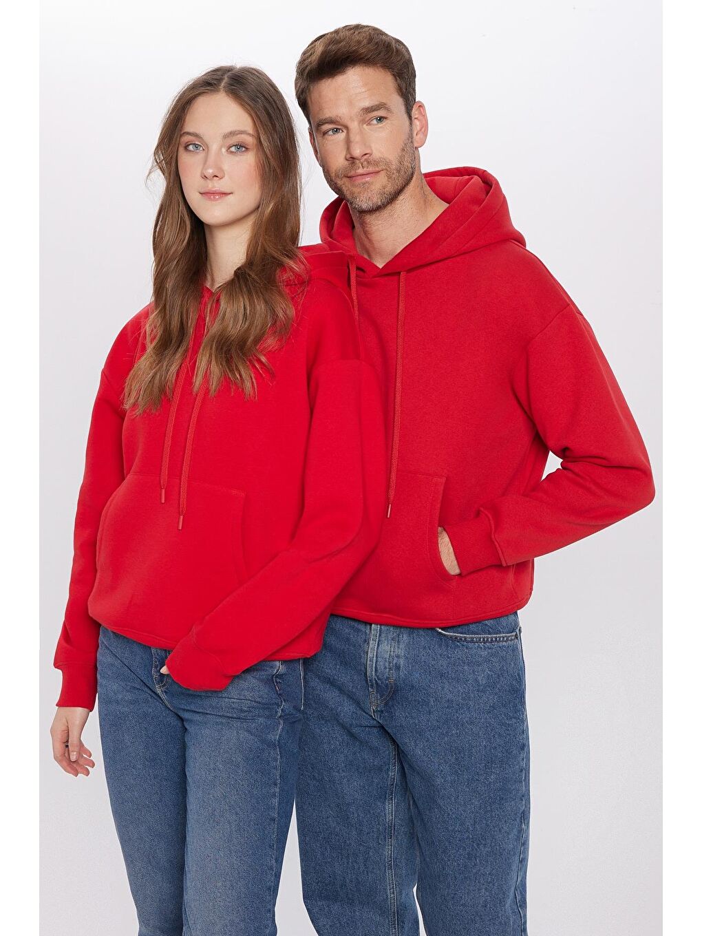 TUDORS Unisex Oversize Geniş Kesim Pamuklu Yumuşak Dokulu İçi Polarlı Basic Kırmızı Kapüşonlu Sweatshirt - 2