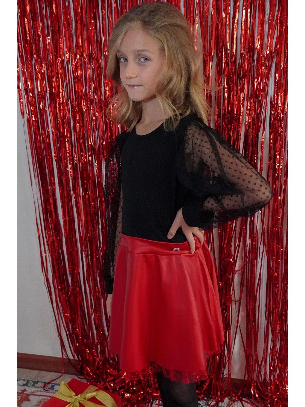 Kız Çocuk Uzun Kollu Elbise Etek Kısmı Deri Kolları Tül Detaylı Siyah (3-8 Yaş)-4