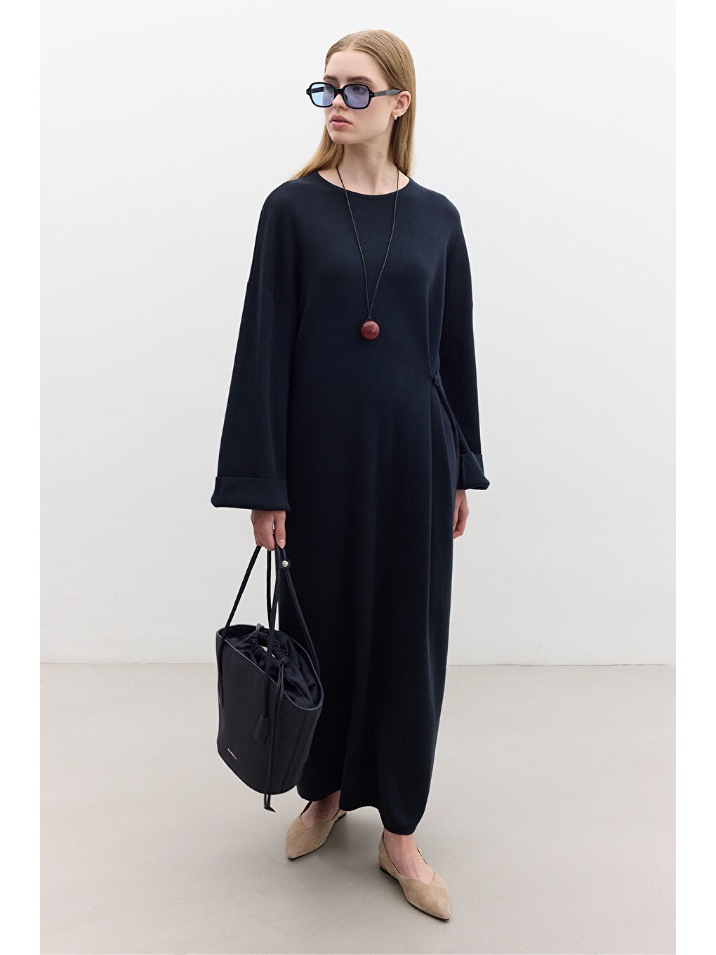 Triko Bağlamalı Elbise Lacivert-1