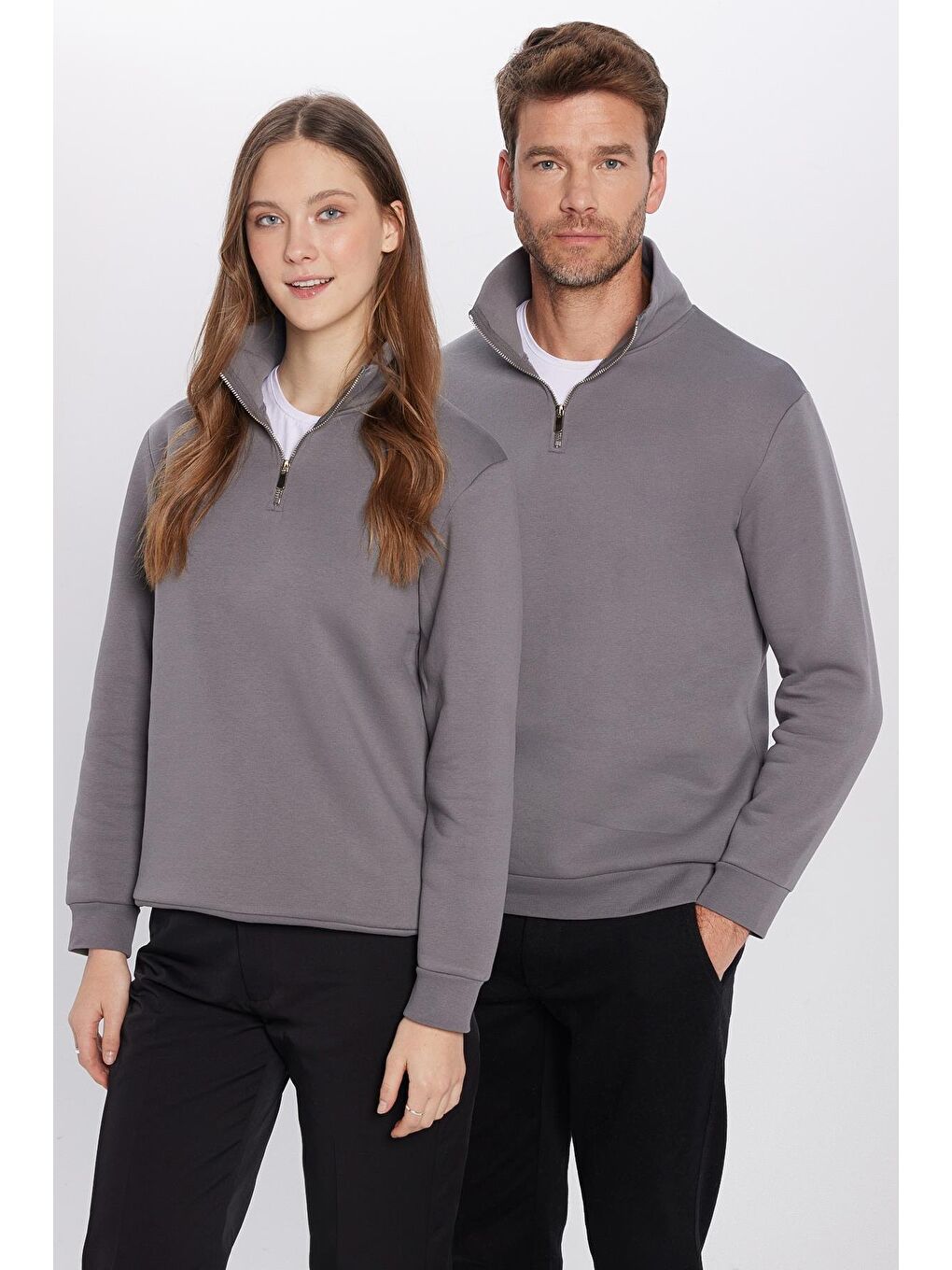 TUDORS Unisex Relax Fit Rahat Kesim Pamuklu İçi Polarlı Yarım Fermuarlı Gri Dik Yaka Sweatshirt - 2