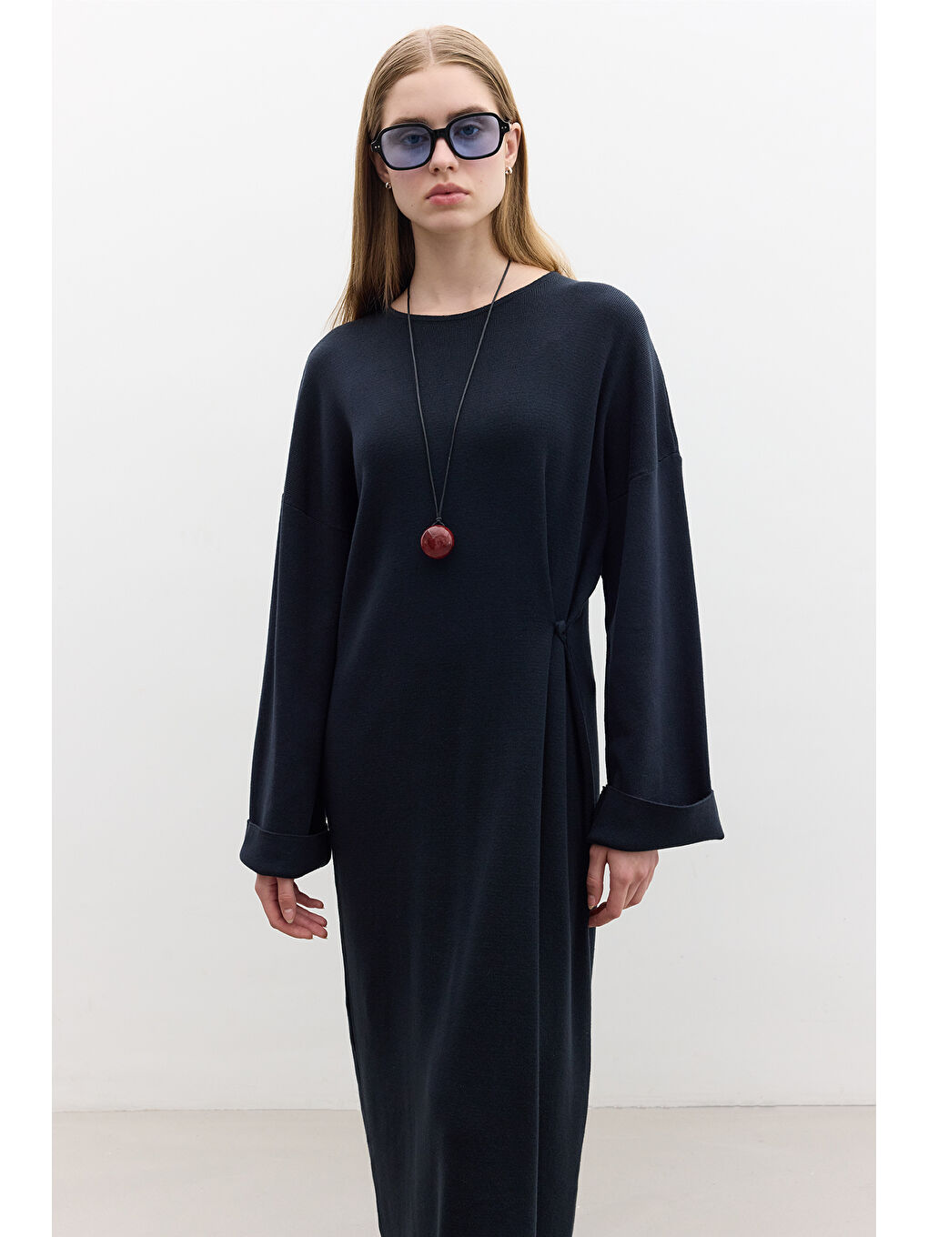 Triko Bağlamalı Elbise Lacivert-3