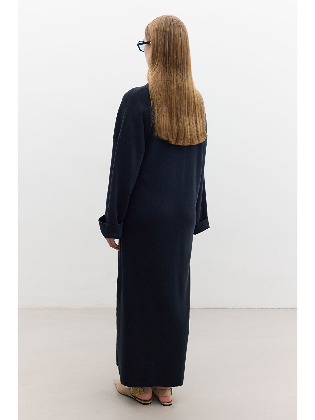 Triko Bağlamalı Elbise Lacivert-4