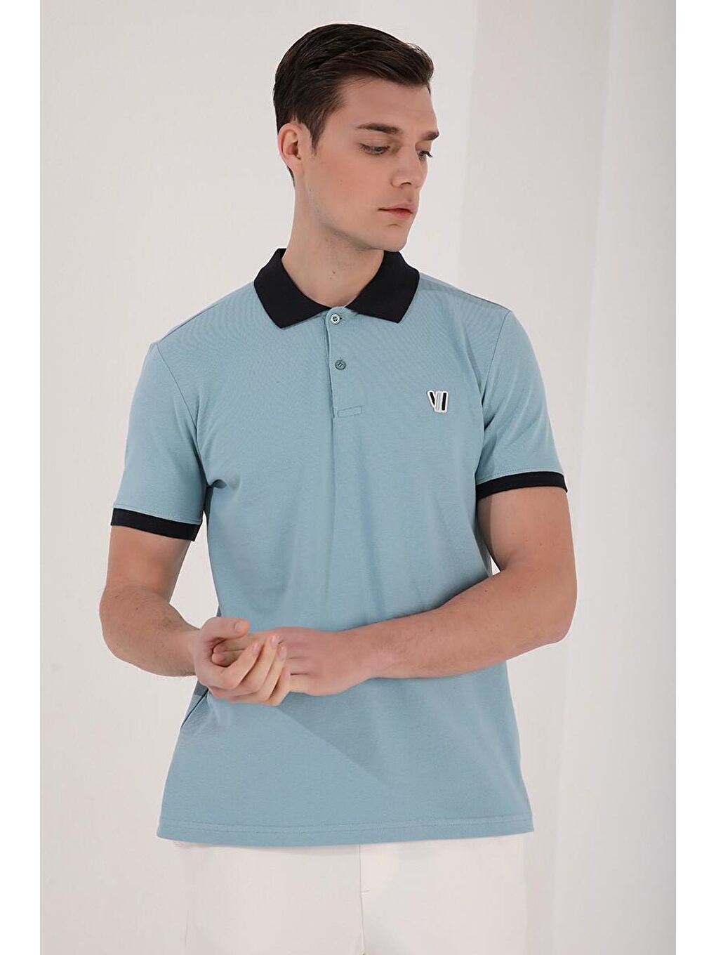 Buz Mavi Basic Göğüs Logolu Standart Kalıp Polo Yaka Erkek Tişört - 87938