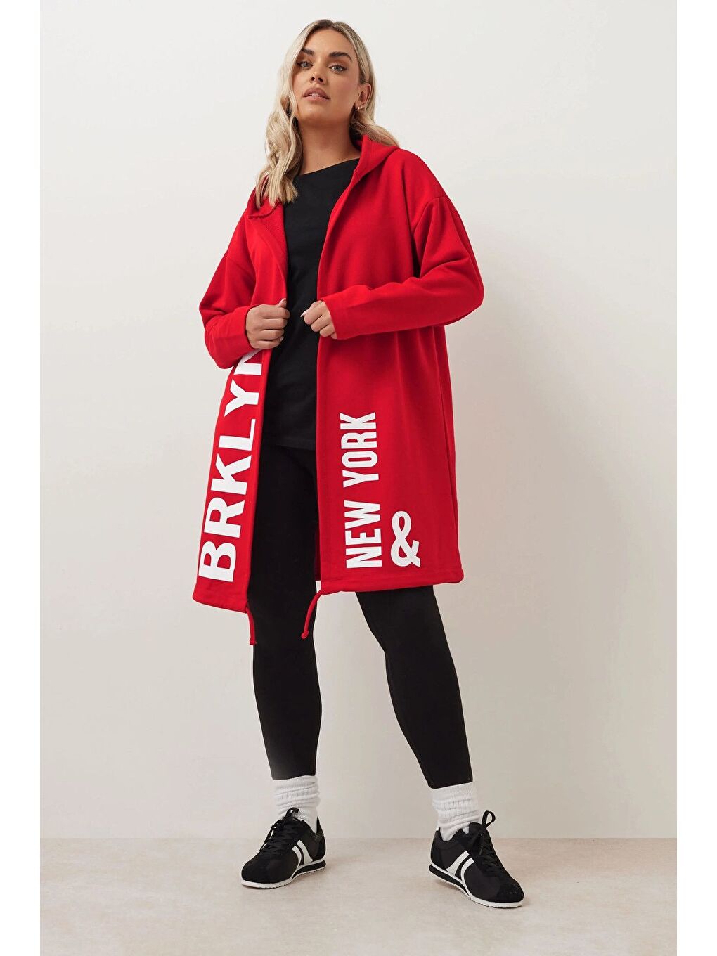 Kırmızı Büyük Beden Kapüşonlu Uzun Kollu Yazı Baskılı Cepsiz Hırka 303982