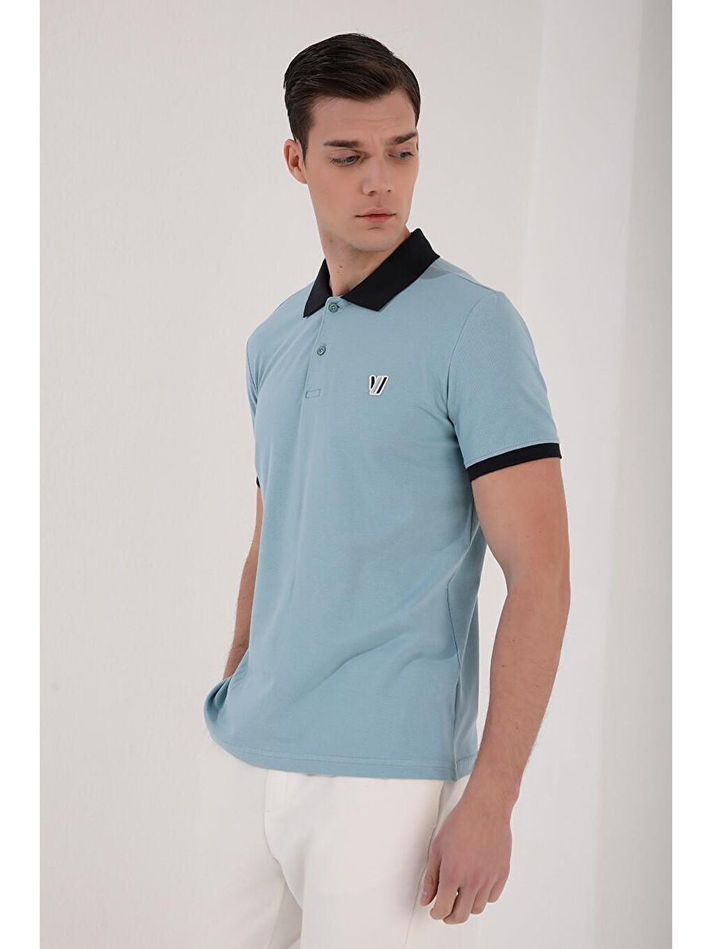 Buz Mavi Basic Göğüs Logolu Standart Kalıp Polo Yaka Erkek Tişört - 87938-1