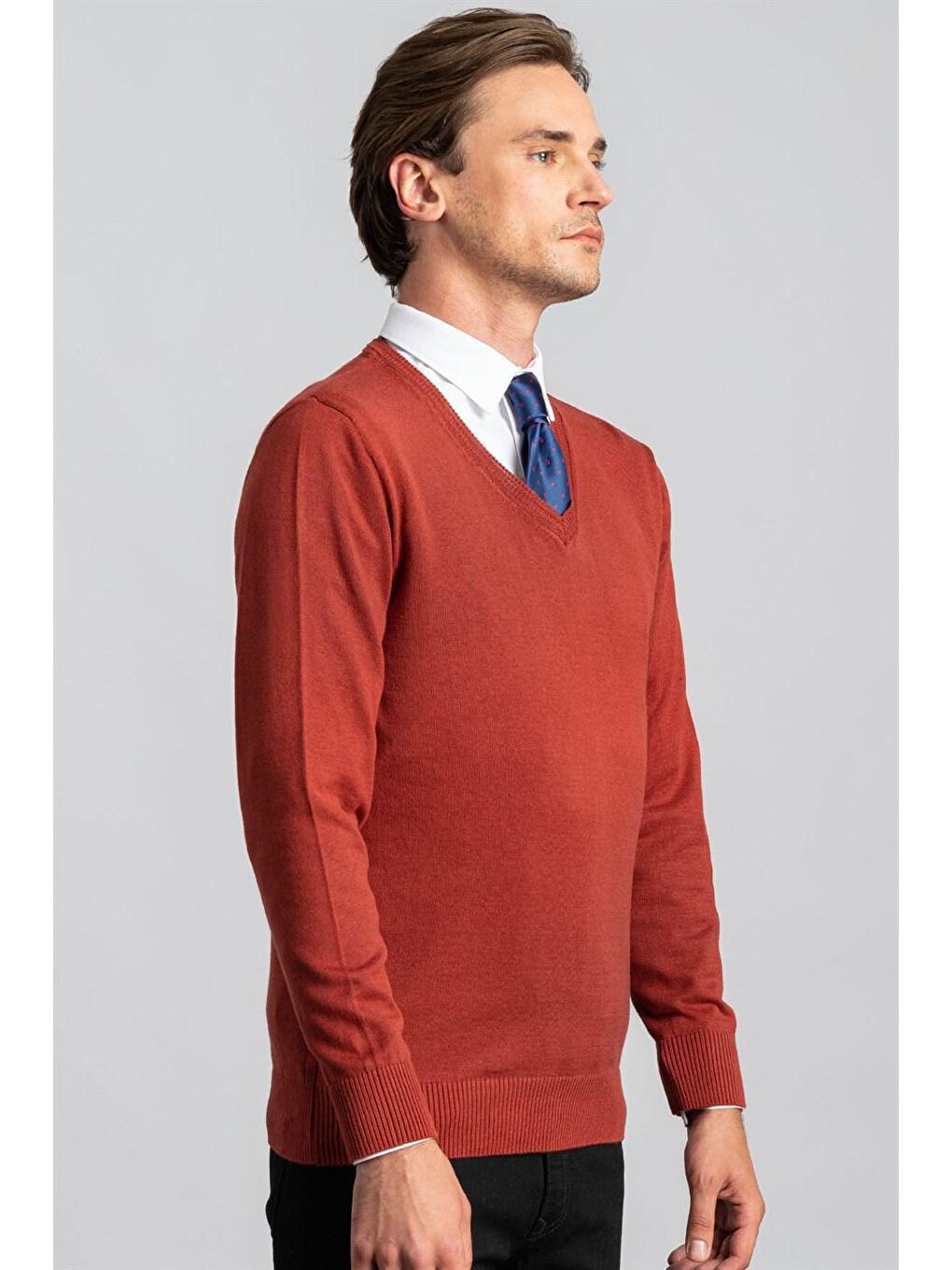 Kahverengi Erkek Standart Fit Normal Kesim V Yaka Pamuklu Tarçın Triko Kazak-1