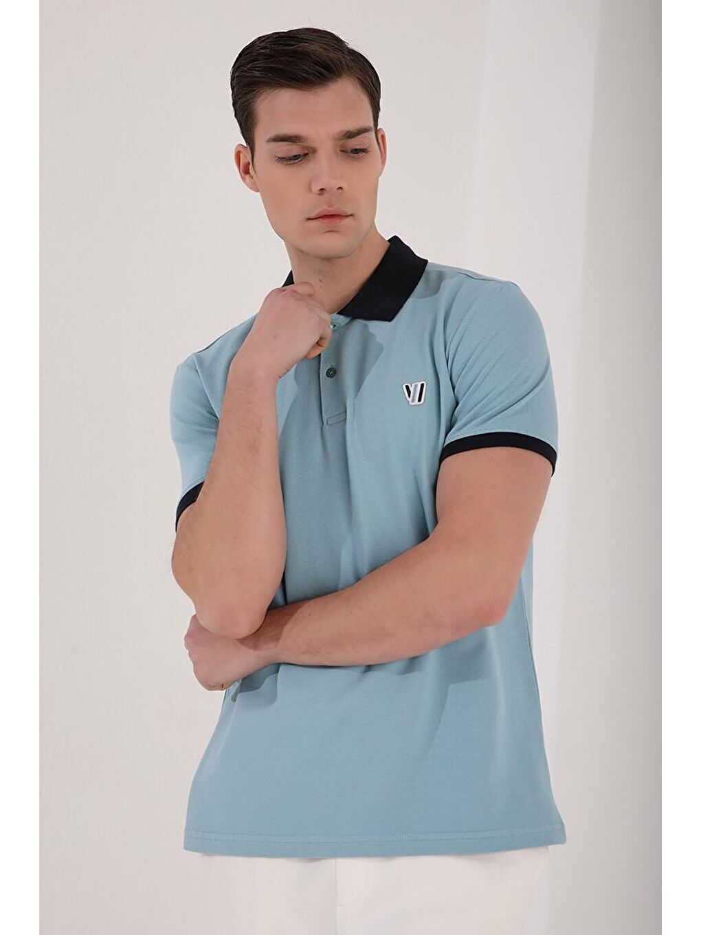 Buz Mavi Basic Göğüs Logolu Standart Kalıp Polo Yaka Erkek Tişört - 87938-2