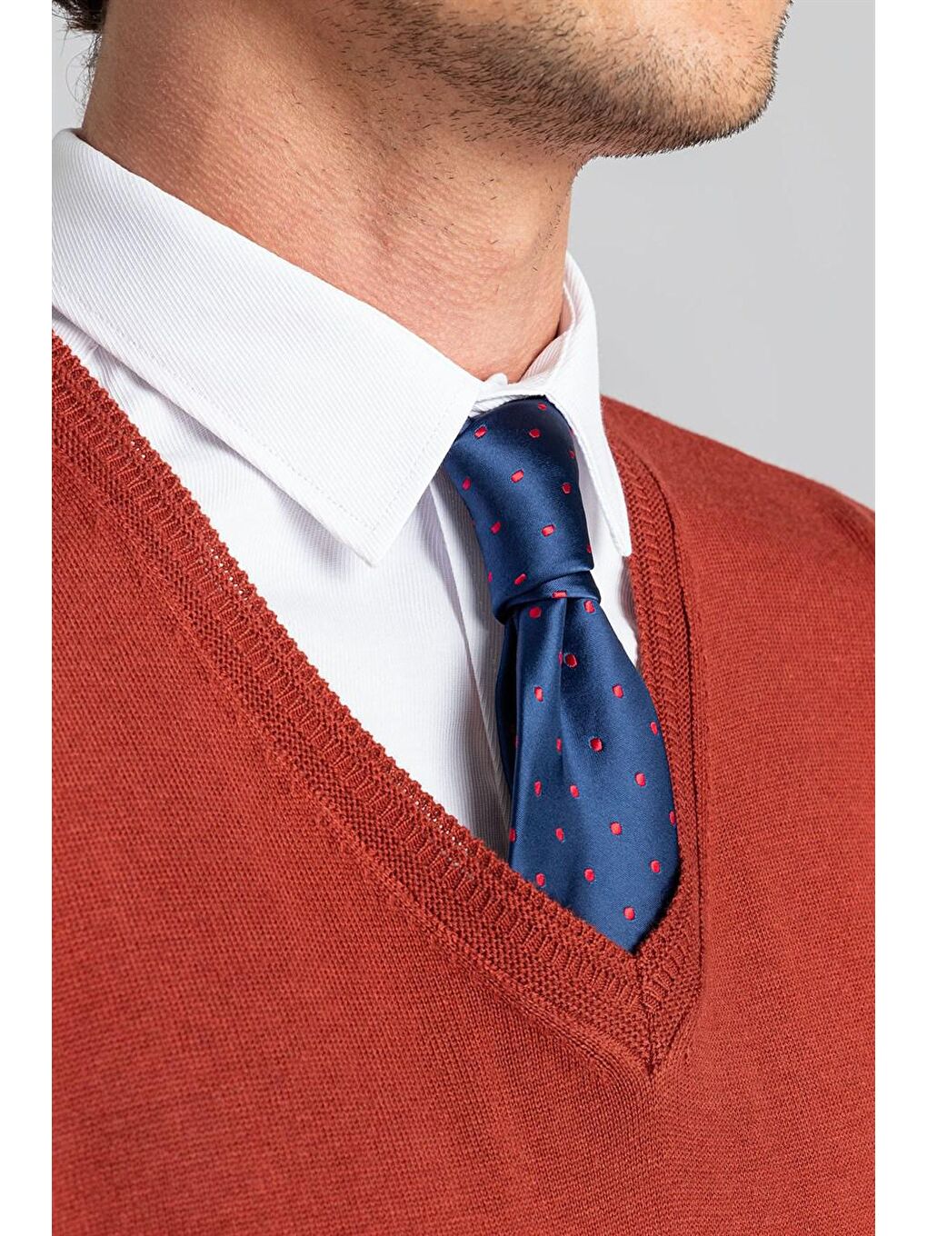 Kahverengi Erkek Standart Fit Normal Kesim V Yaka Pamuklu Tarçın Triko Kazak-2