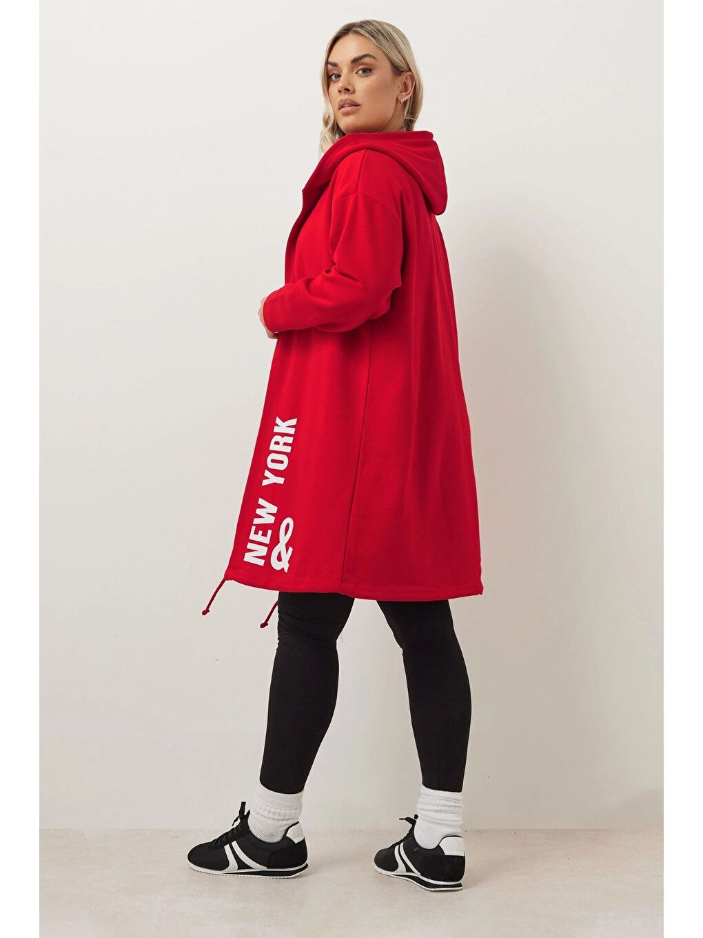 Kırmızı Büyük Beden Kapüşonlu Uzun Kollu Yazı Baskılı Cepsiz Hırka 303982-4