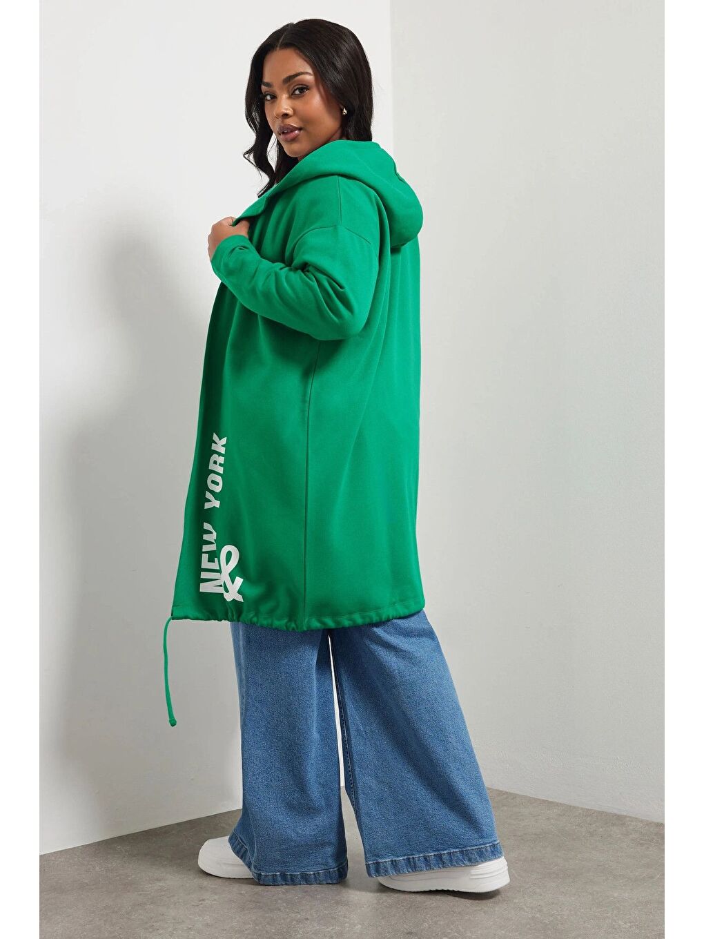 Yeşil Büyük Beden Kapüşonlu Uzun Kollu Yazı Baskılı Cepsiz Hırka 303984-4