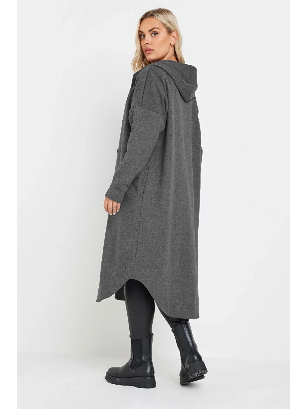 Gri Büyük Beden Kapüşonlu Cepli Önü Düğme Kapamalı Uzun Ceket 303762-4