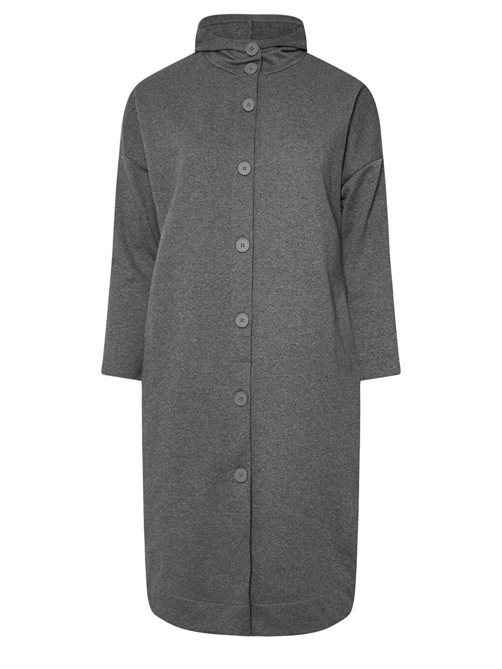 Gri Büyük Beden Kapüşonlu Cepli Önü Düğme Kapamalı Uzun Ceket 303762-5