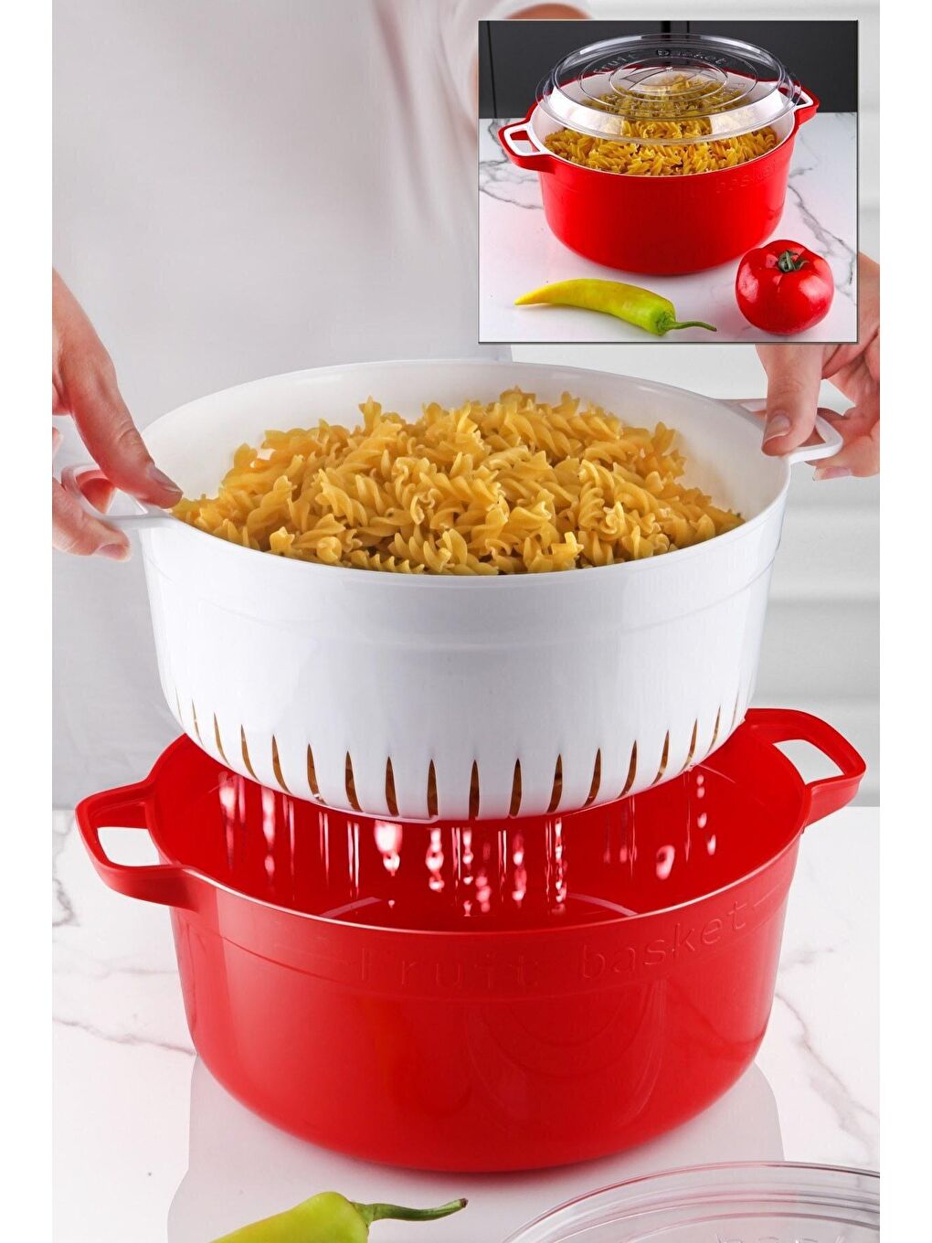 Karışık Yuvarlak Tencere Model Süzgeçli Meyve - Sebze Saklama Kabı KIRMIZI