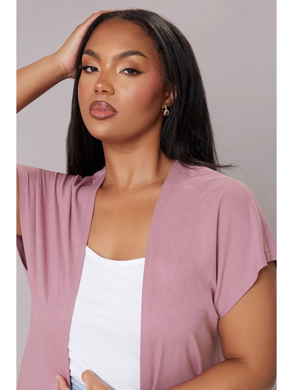 Pembe Büyük Beden Kısa Kollu Önü Kapamasız İnce Hırka 322645-4