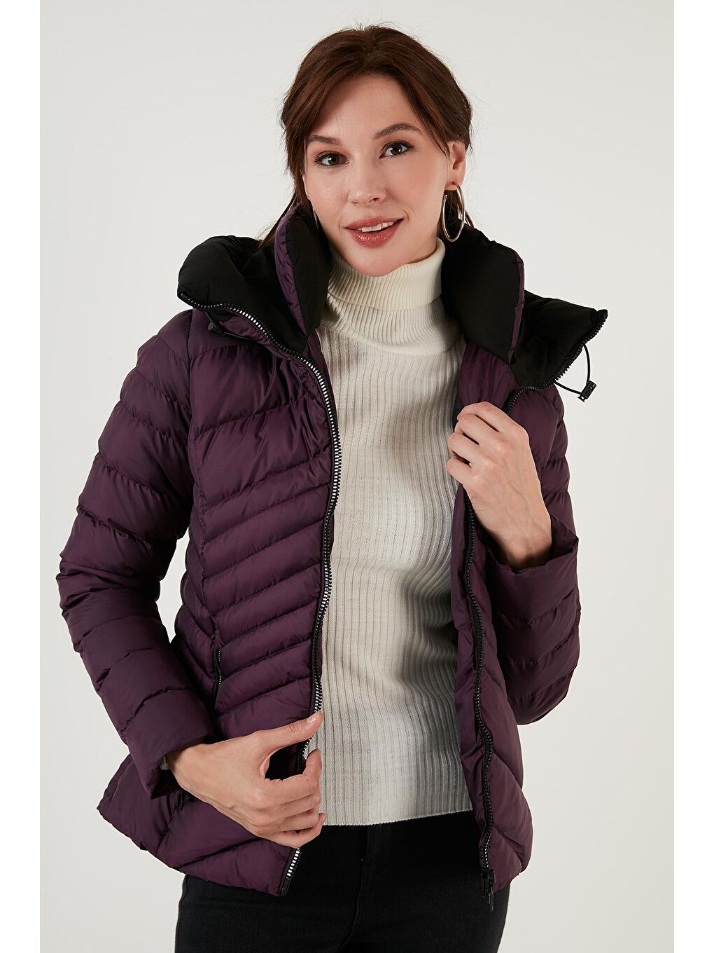 Mor Kapüşonlu Cepli Dar Kesim Şişme Mont 6274120-1