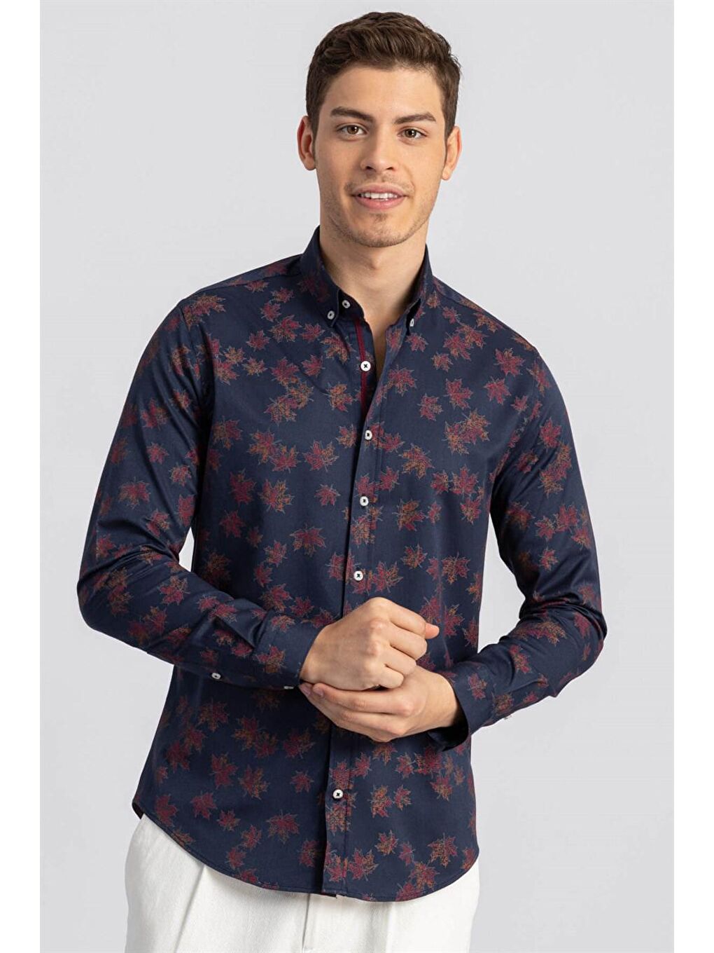 Süper Slim Fit Pamuklu Elastanlı Desenli Spor Erkek Lacivert Gömlek