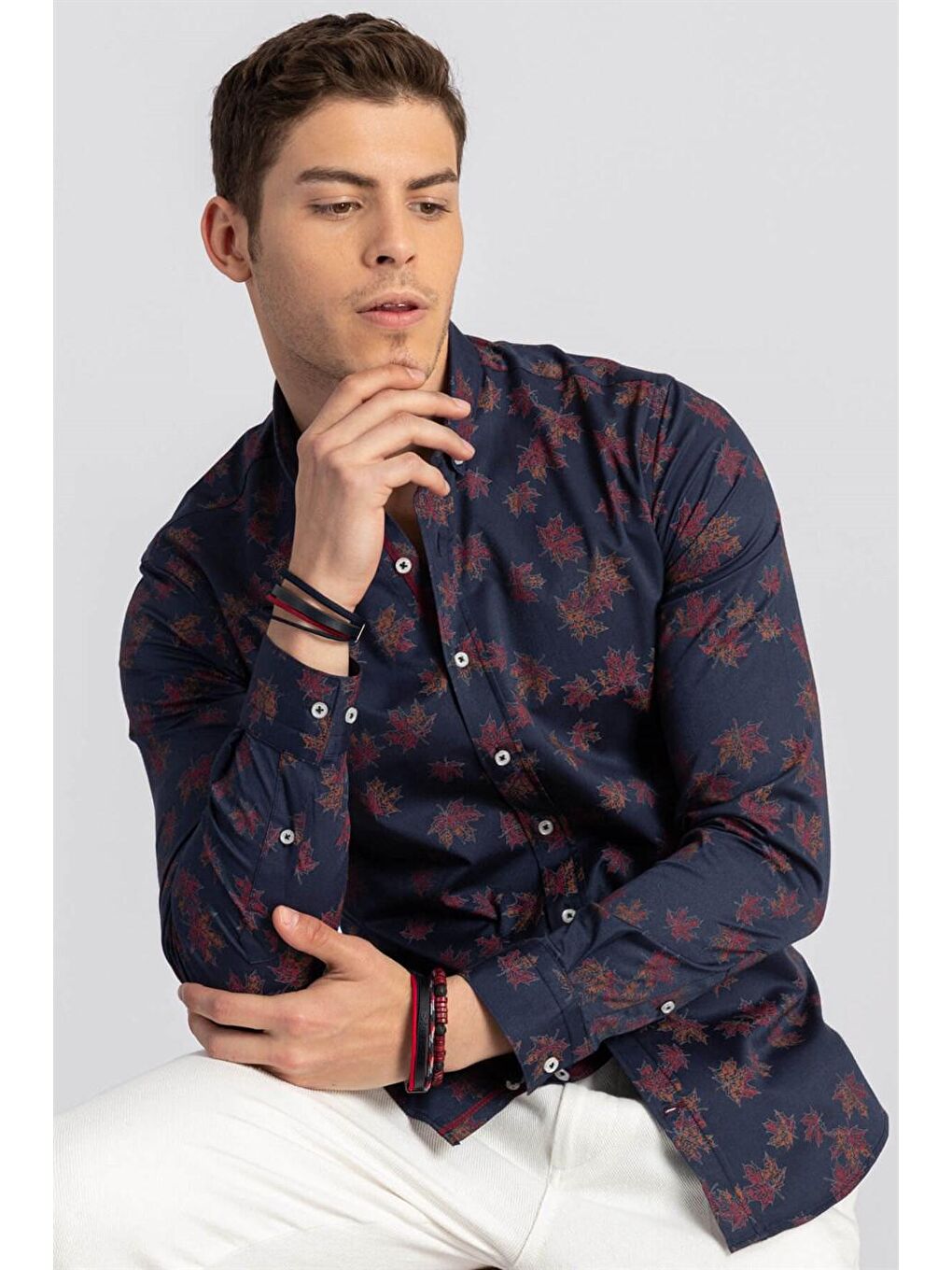 Süper Slim Fit Pamuklu Elastanlı Desenli Spor Erkek Lacivert Gömlek-1