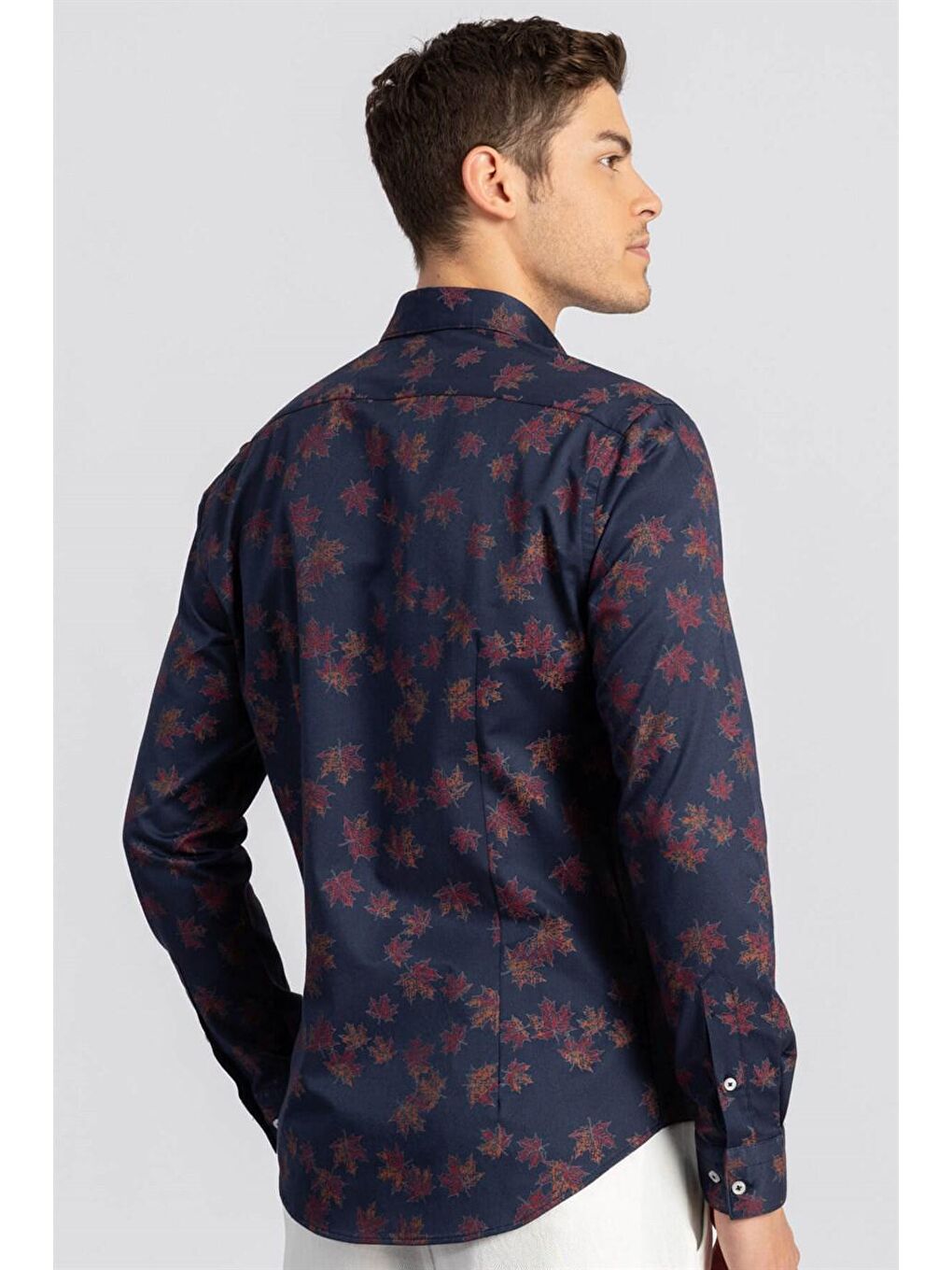 Süper Slim Fit Pamuklu Elastanlı Desenli Spor Erkek Lacivert Gömlek-3