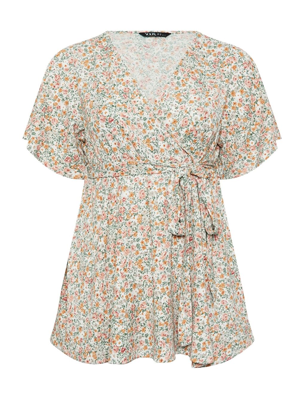 Ekru Büyük Beden Kısa Kollu V Yaka Önü Kuşaklı Desenli Eteği Bollaşan Bluz 321935-5