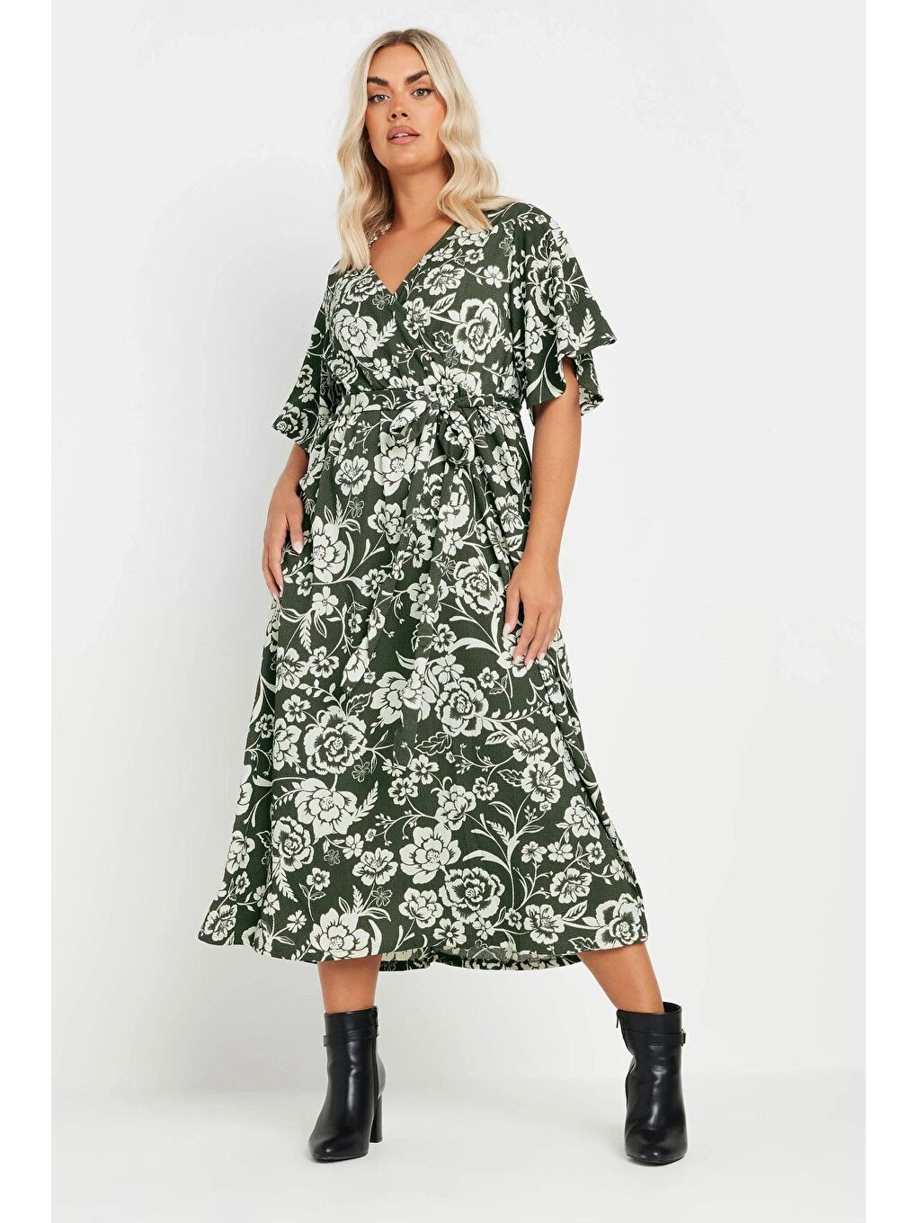 Haki Büyük Beden Kısa Kollu V Yaka Kuşaklı Anvelop Elbise 137988-3