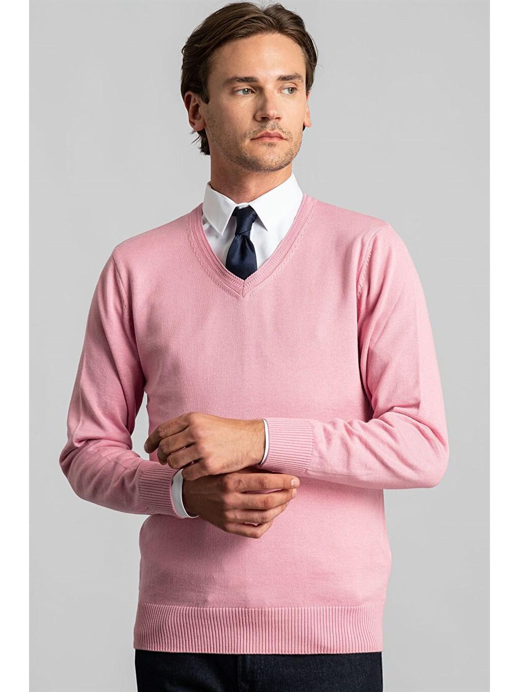 TUDORS Pembe Slim Fit V Yaka Pamuklu Erkek Pembe Kazak