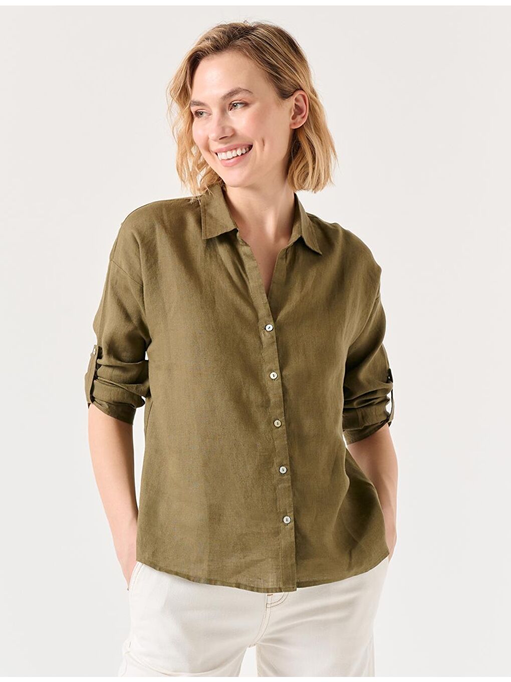 Haki Düz Kesim Gömlek Yaka Uzun Kollu Basic Keten Gömlek