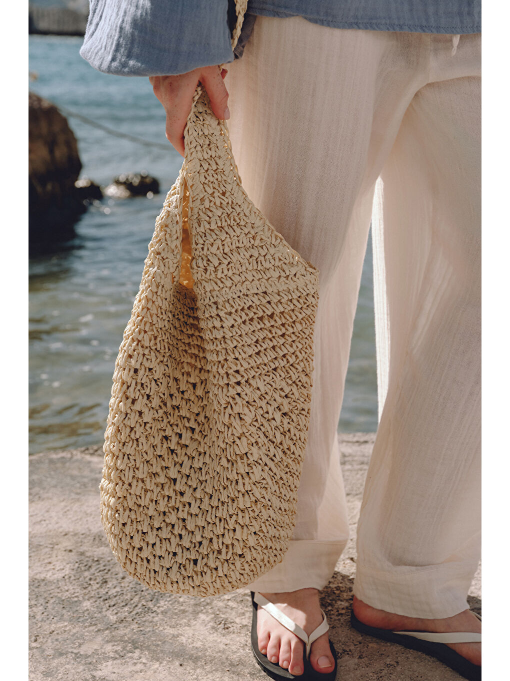 Örgülü Hasır Çapraz Çanta Bej